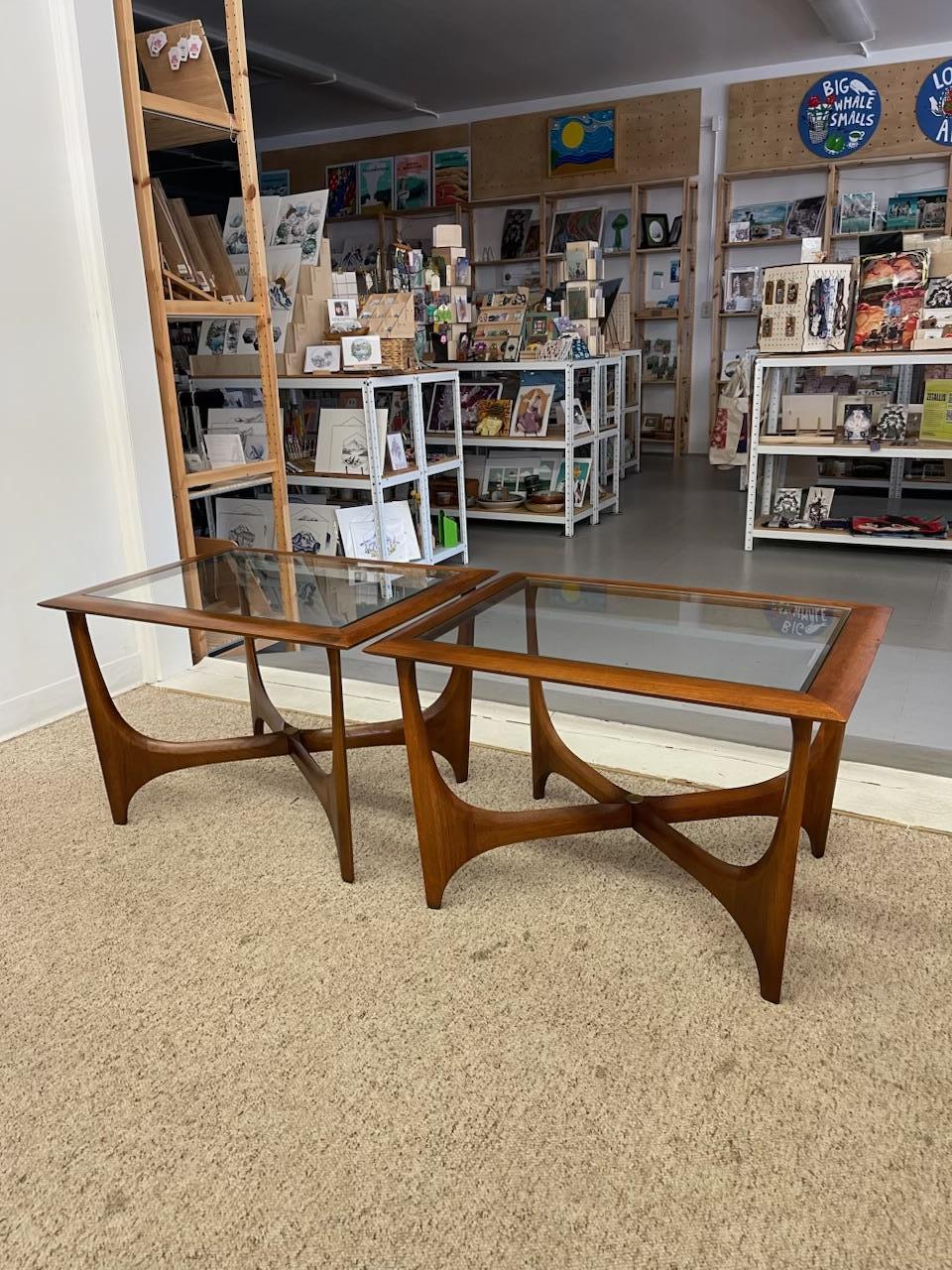 Mid-20th Century Pair of Mid-Century Modern Sculptural Possibly Walnut and Glass End Tables. For Sale