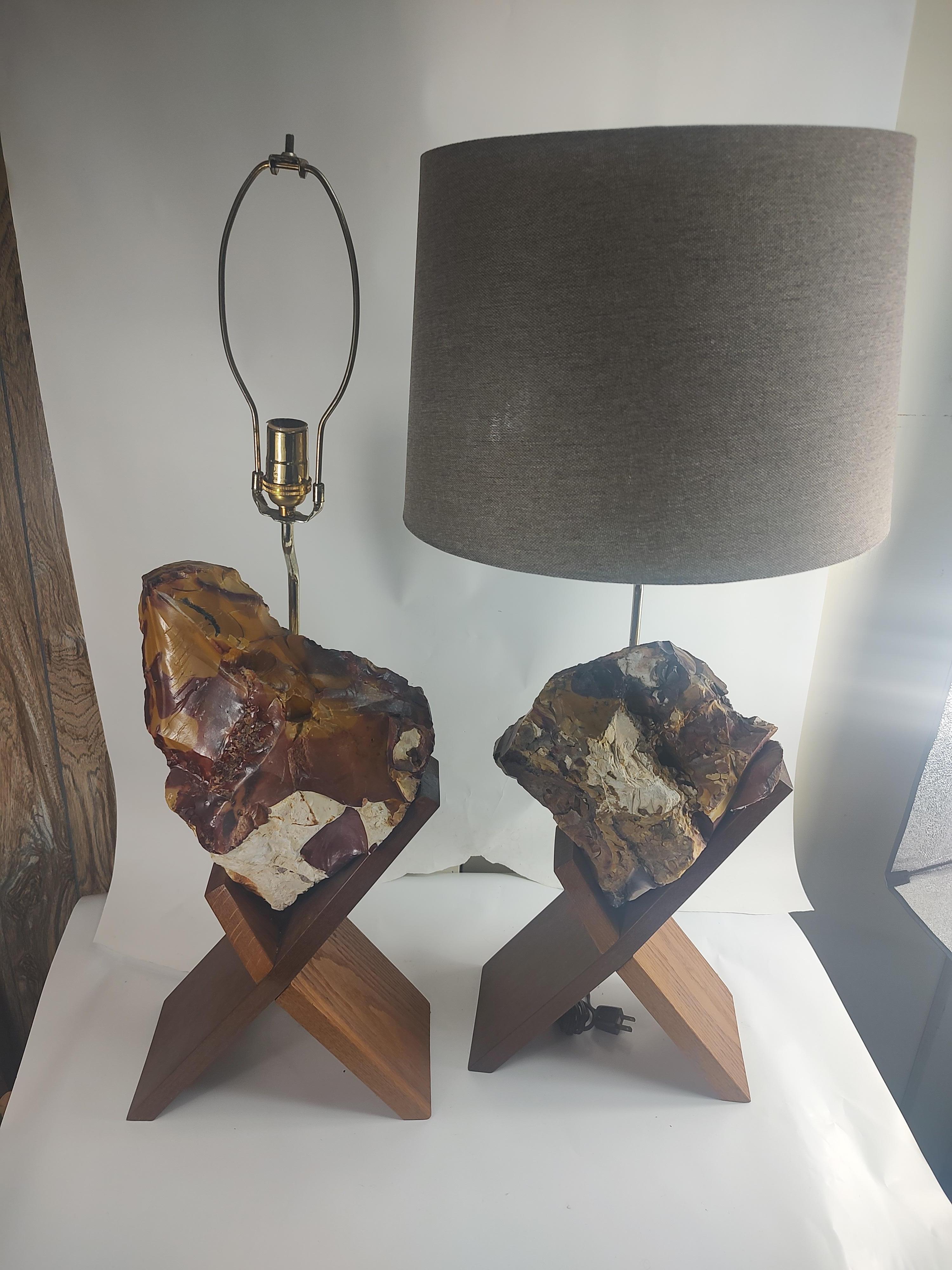 Pair of Mid Century Modern Sculptural Raw Onyx & Teak Table Lamps For Sale 1