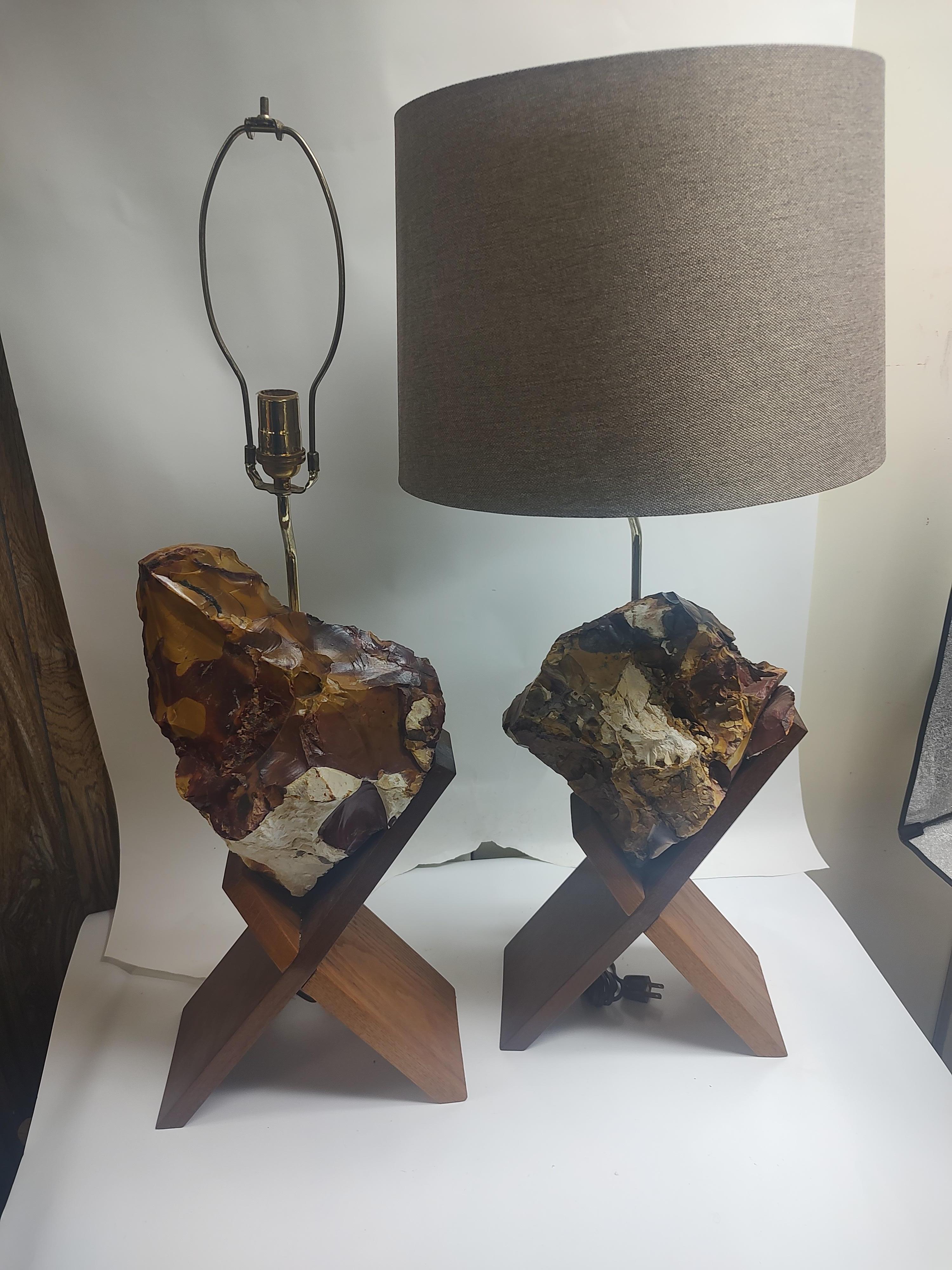 Pair of Mid Century Modern Sculptural Raw Onyx & Teak Table Lamps For Sale 2