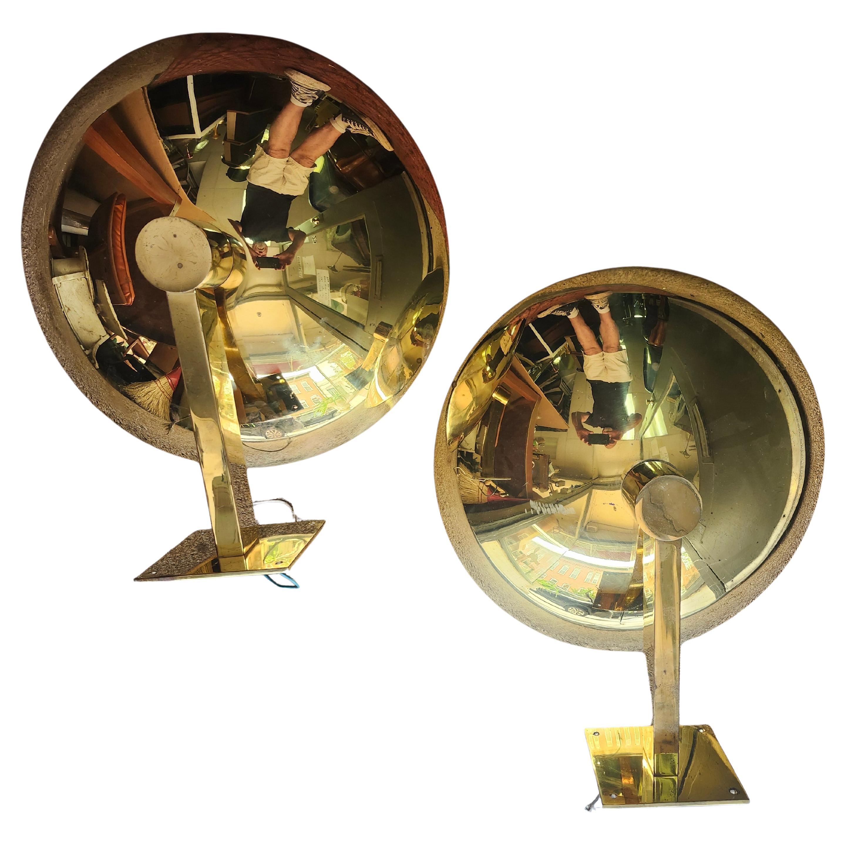 High quality pair of solid brass wall sconces with mounting plates ,arms and large disc shades all one piece, recently polished
Shades have some minor scratches and one has a deep scratch on its underside near the mounting arm which makes it hard to