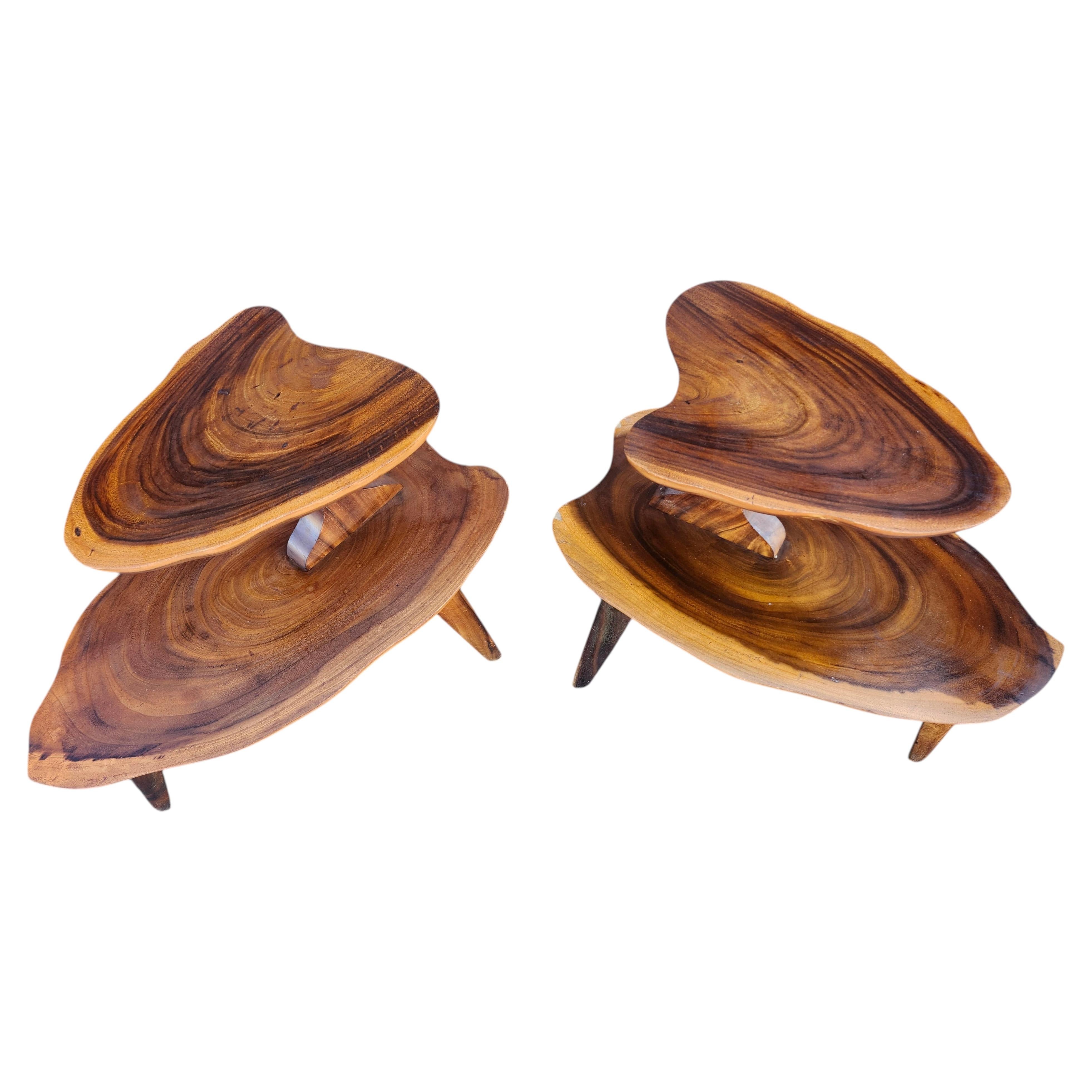 Pair of Mid-Century Modern Sculptural Two Tiered Koa Wood End Tables C1960 For Sale