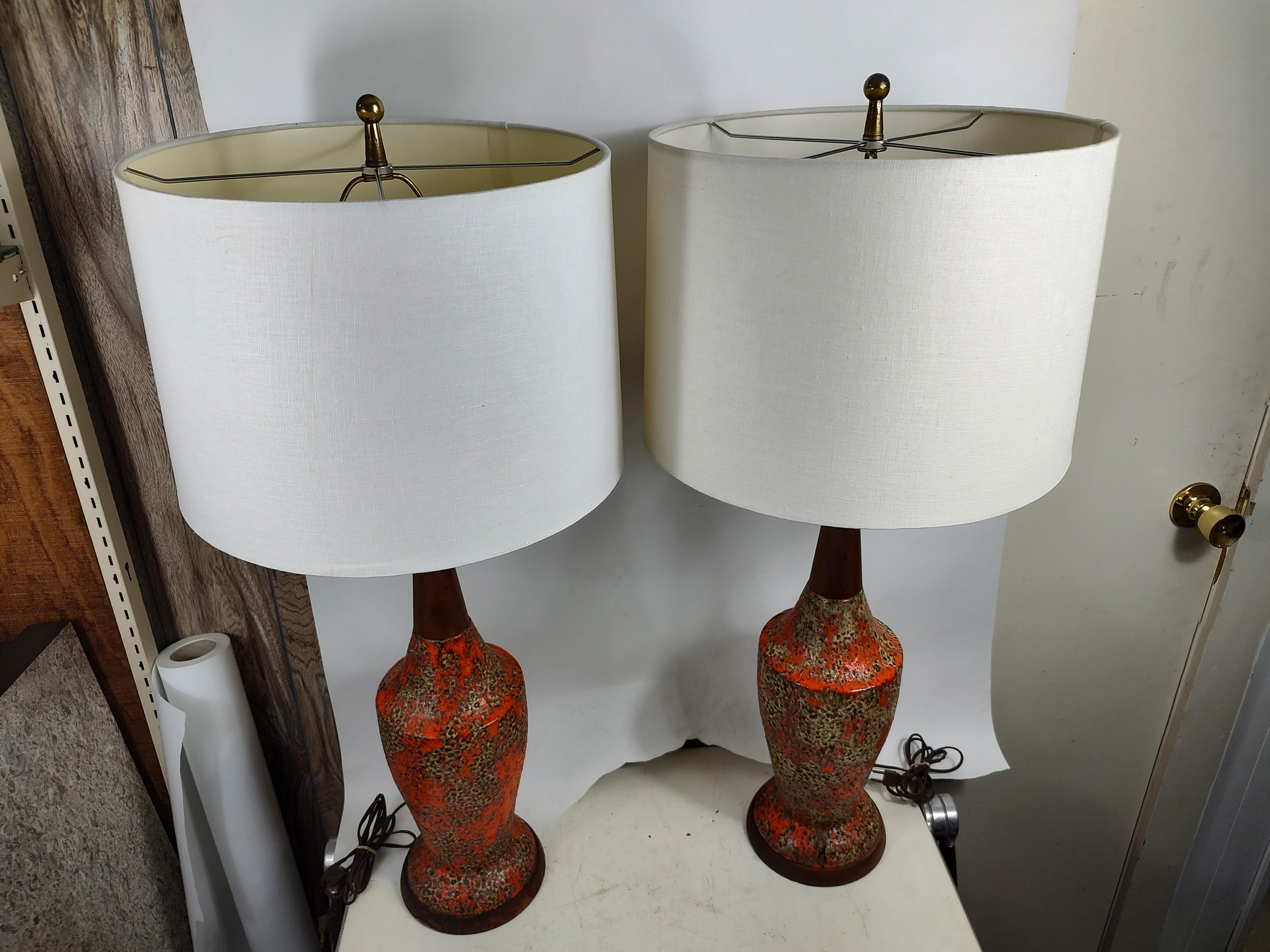 Pair of Mid-Century Modern Sculptural Walnut & Volcanic Lava Pottery Table Lamps For Sale 3