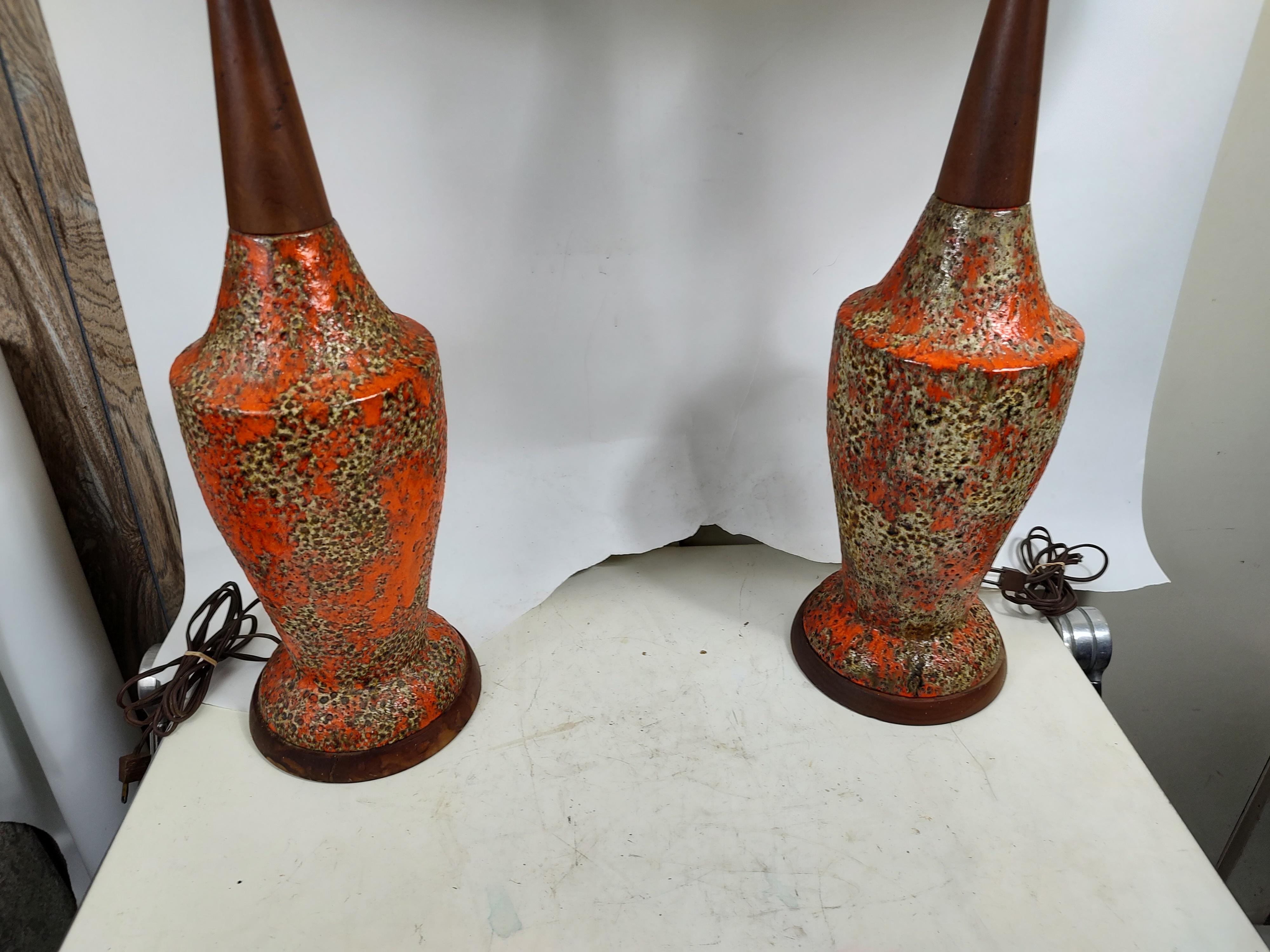 Pair of Mid-Century Modern Sculptural Walnut & Volcanic Lava Pottery Table Lamps For Sale 4