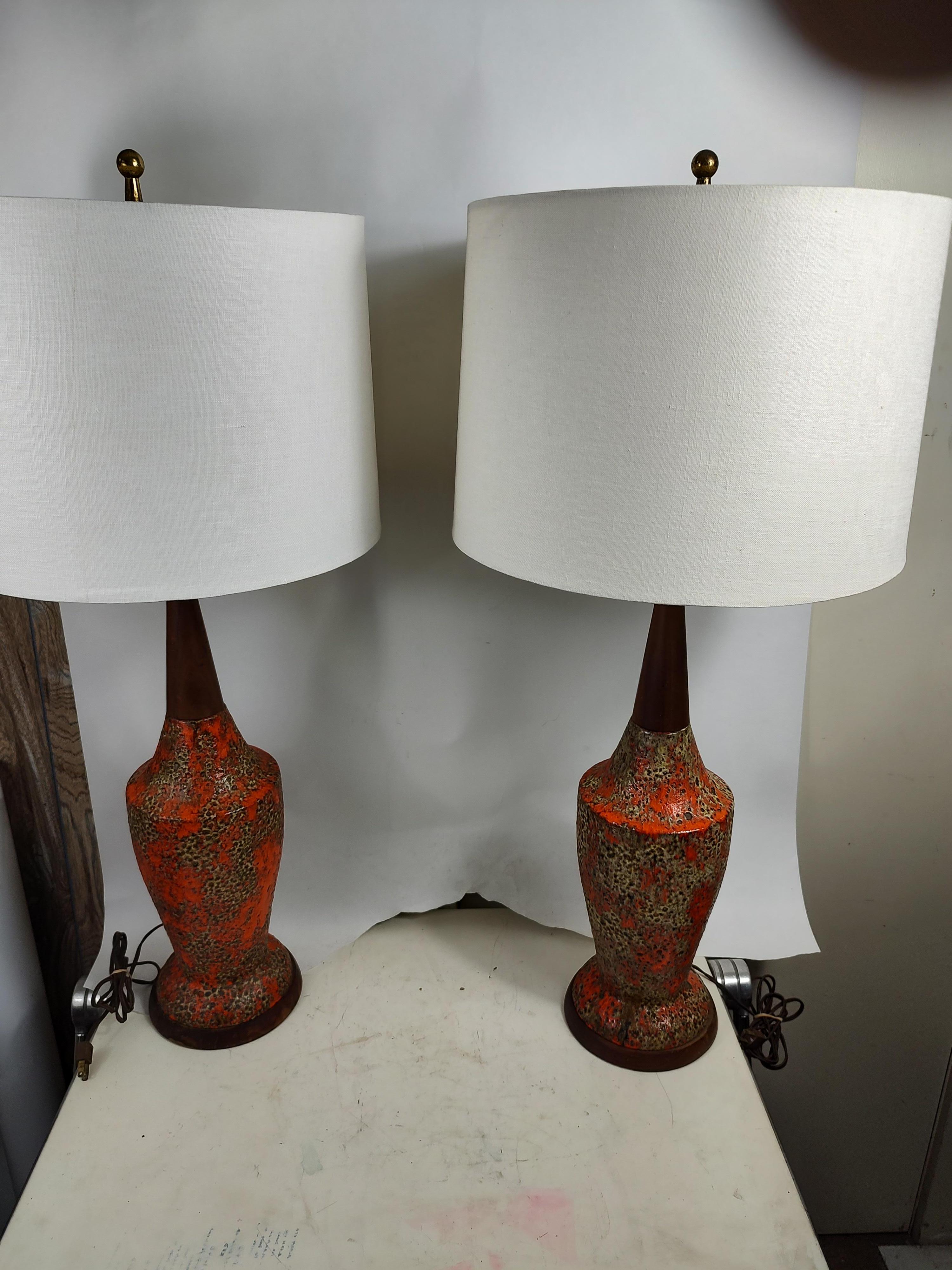 Pair of Mid-Century Modern Sculptural Walnut & Volcanic Lava Pottery Table Lamps For Sale 5