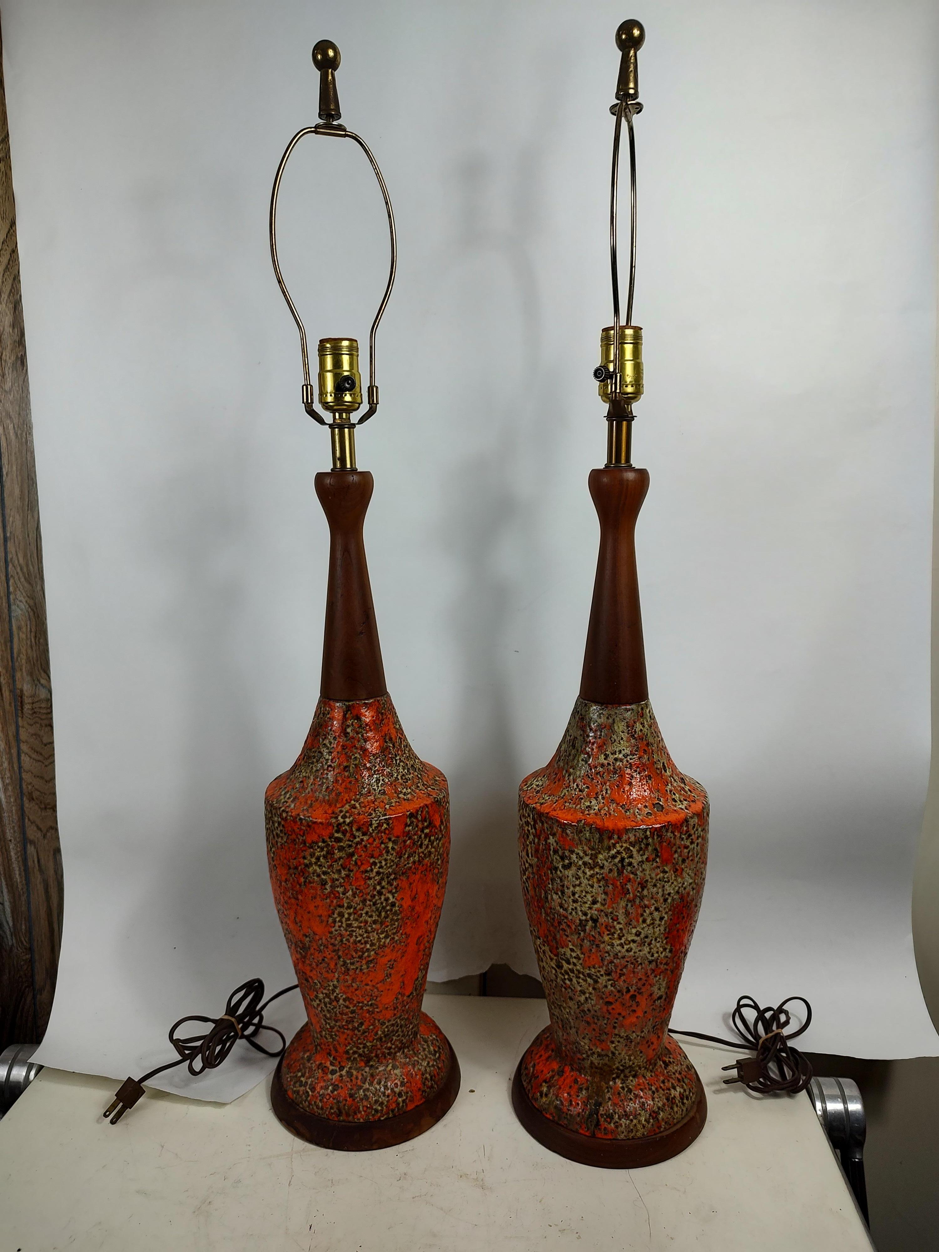 Pair of Mid-Century Modern Sculptural Walnut & Volcanic Lava Pottery Table Lamps For Sale 2