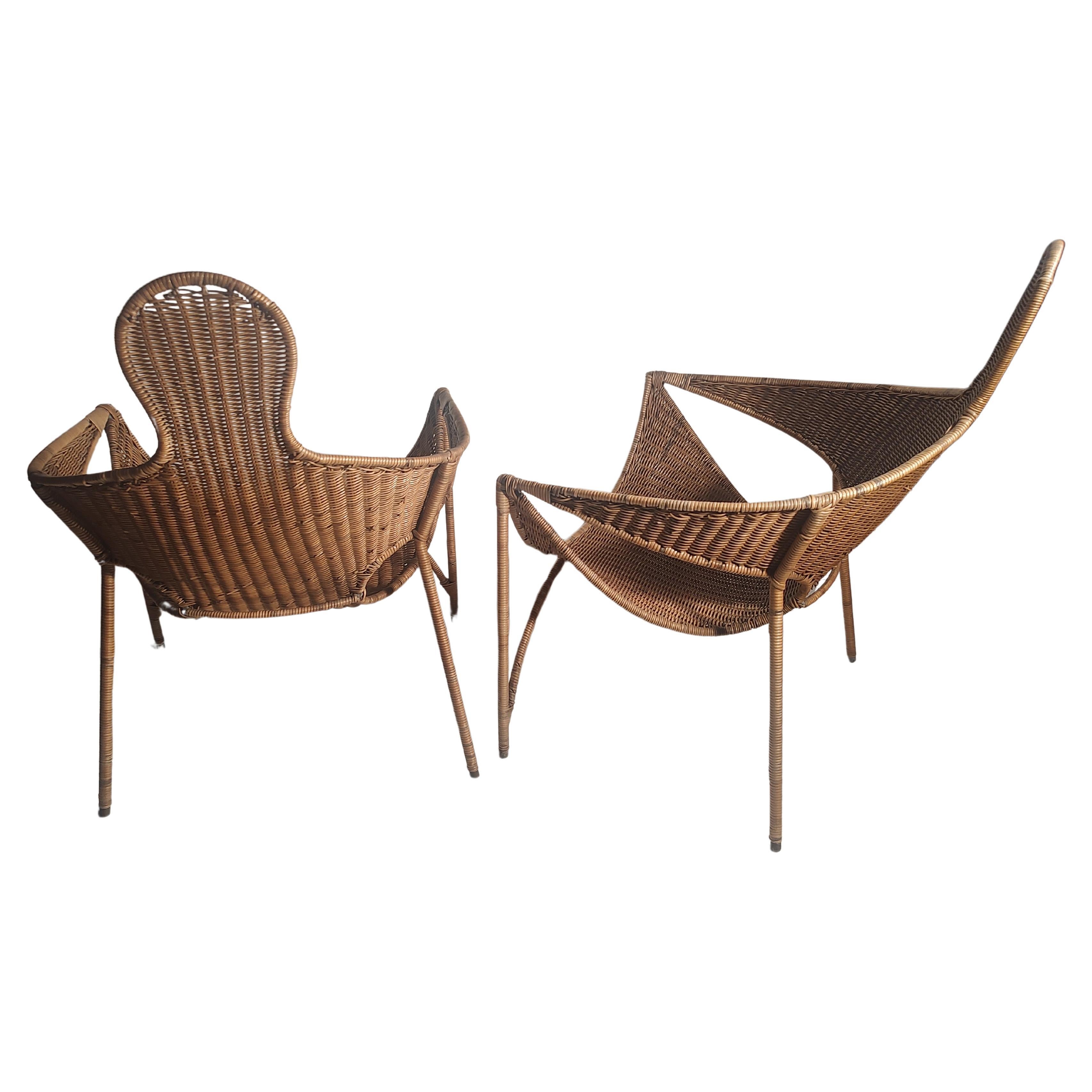 Hand-Crafted Pair of Mid Century Modern Sculptural Wicker & Iron Lounge Chairs Francis Mair  For Sale