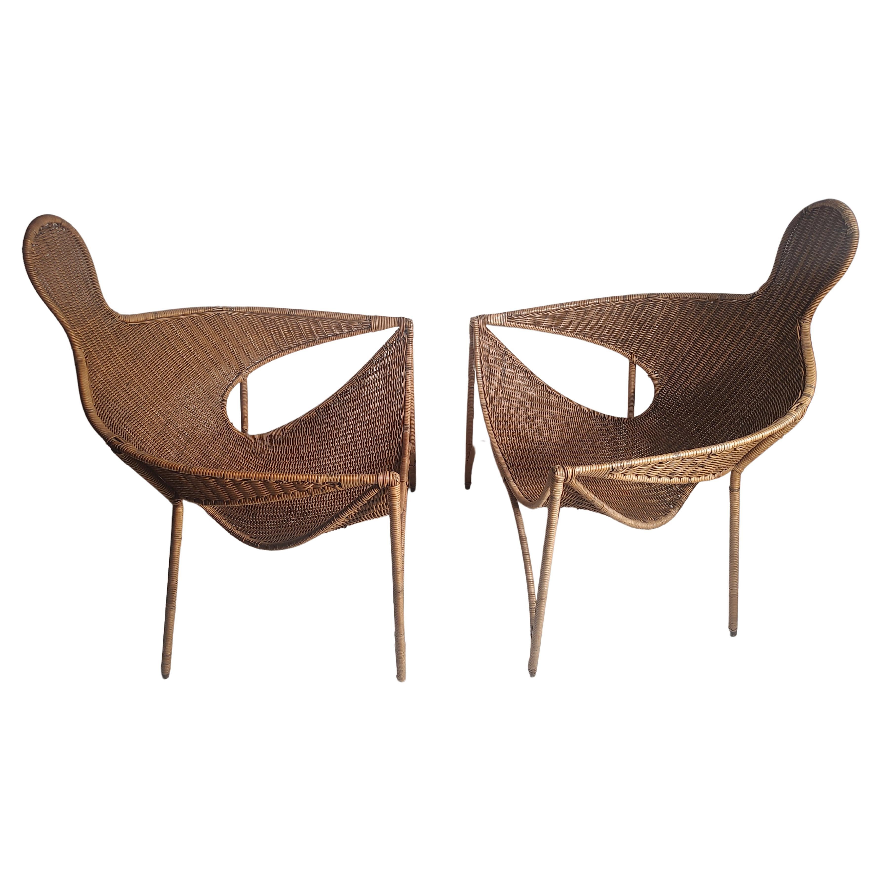 Pair of Mid Century Modern Sculptural Wicker & Iron Lounge Chairs Francis Mair  In Good Condition For Sale In Port Jervis, NY