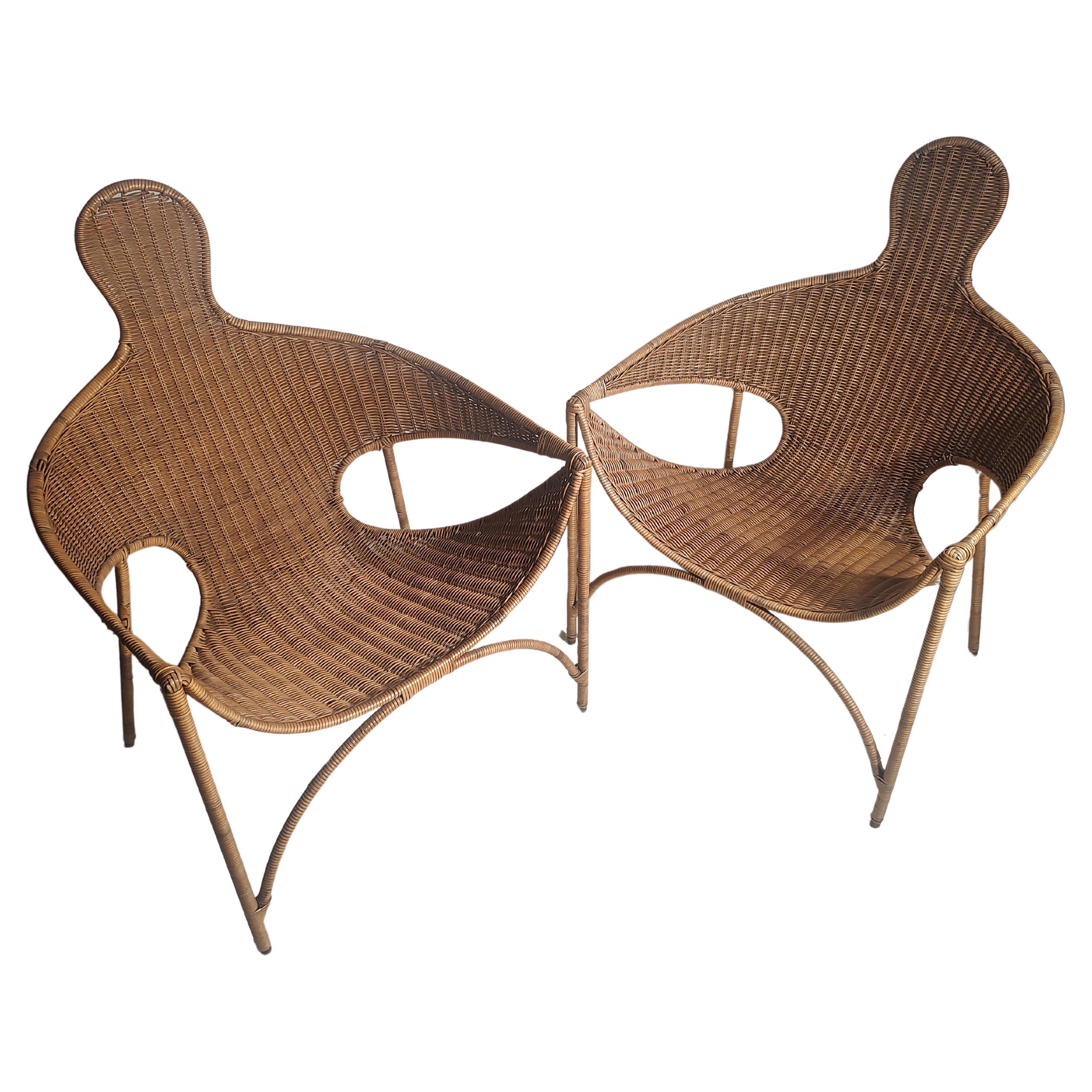 Pair of Mid Century Modern Sculptural Wicker & Iron Lounge Chairs Francis Mair  For Sale 3