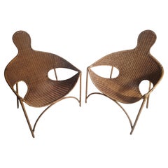 Pair of Mid Century Modern Sculptural Wicker & Iron Lounge Chairs Francis Mair