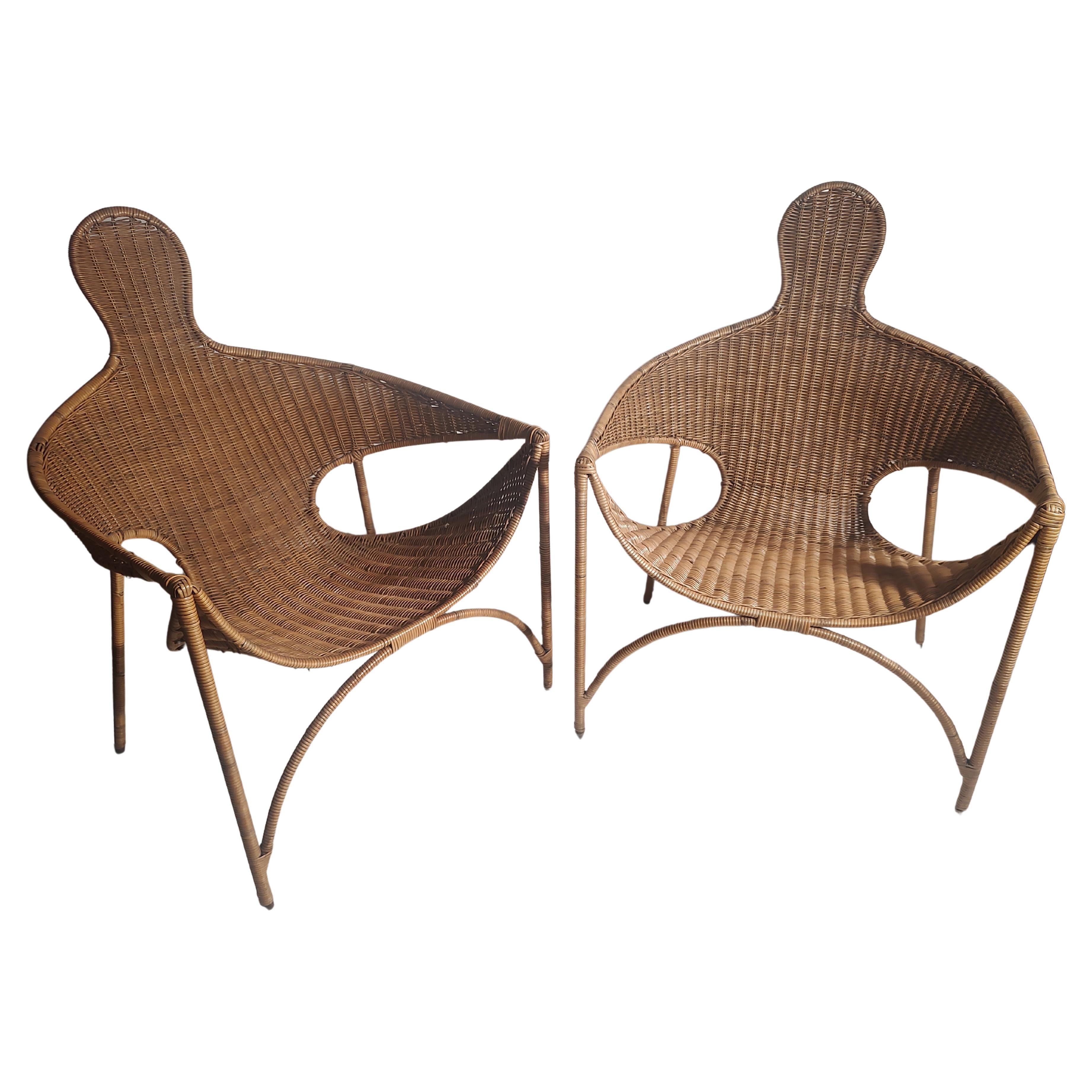American Pair of Mid Century Modern Sculptural Wicker & Iron Lounge Chairs Francis Mair  For Sale