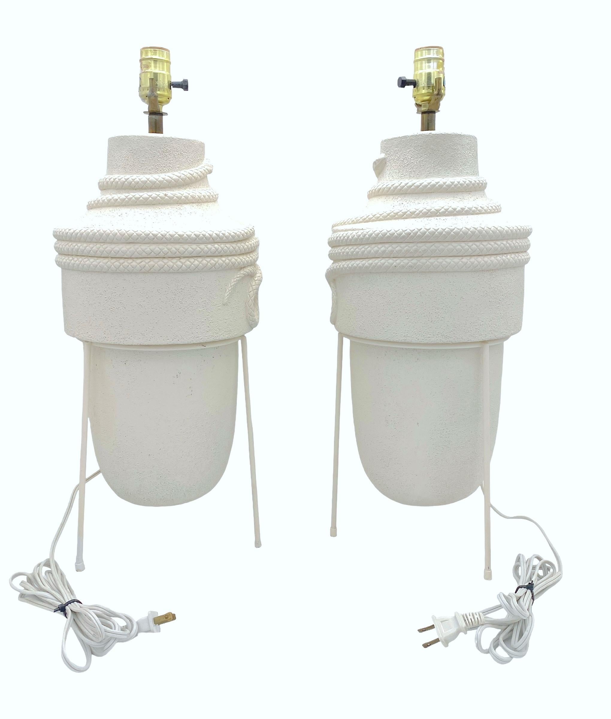Pair of Mid Century Modern Serpent Motif Blanc de Chine Pottery Lamps In Good Condition For Sale In West Palm Beach, FL