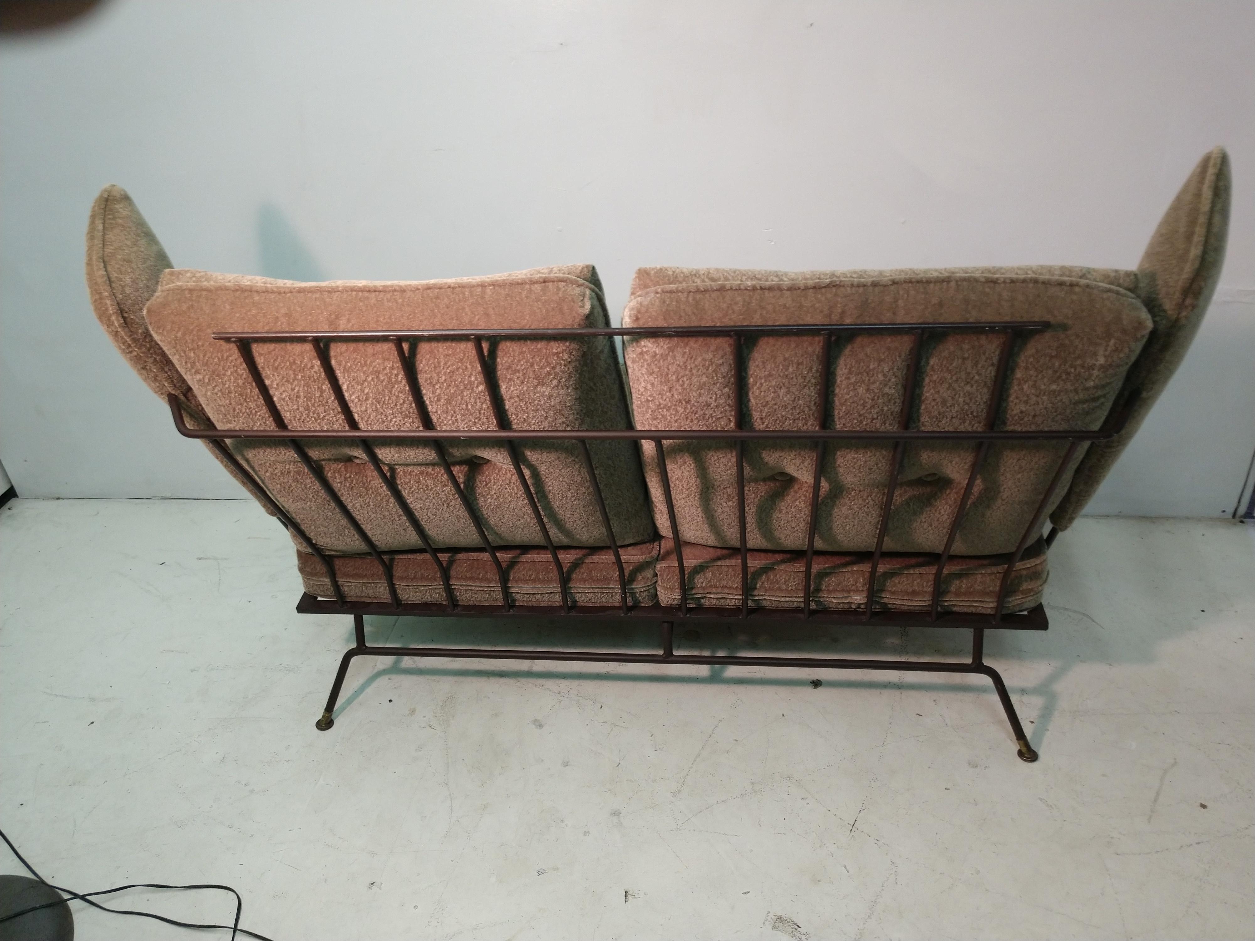 Pair Mid-Century Modern Two Seat Sofa Settees By Max Stout Mohair w Iron Frames  For Sale 2