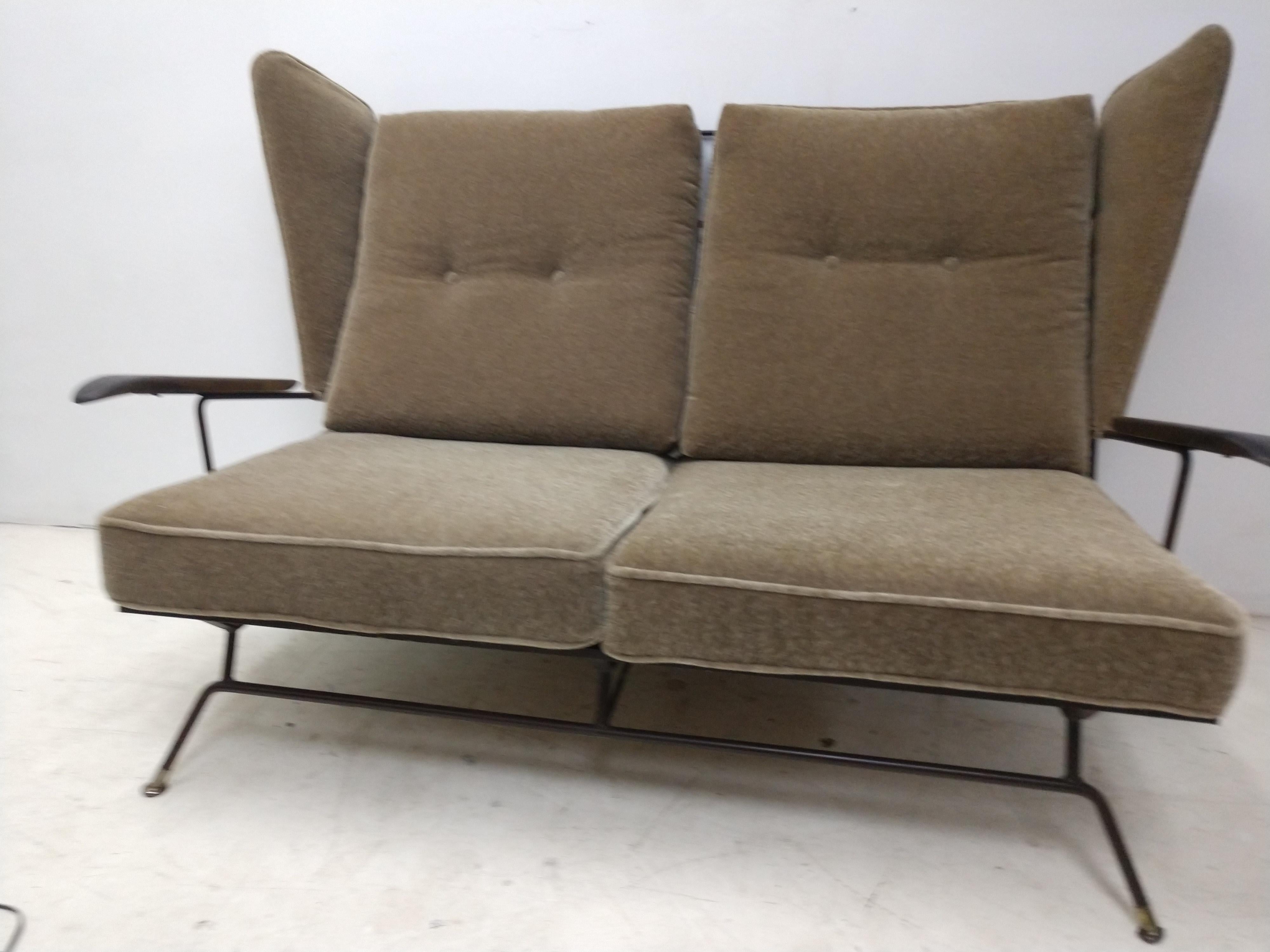 Pair Mid-Century Modern Two Seat Sofa Settees By Max Stout Mohair w Iron Frames  For Sale 3