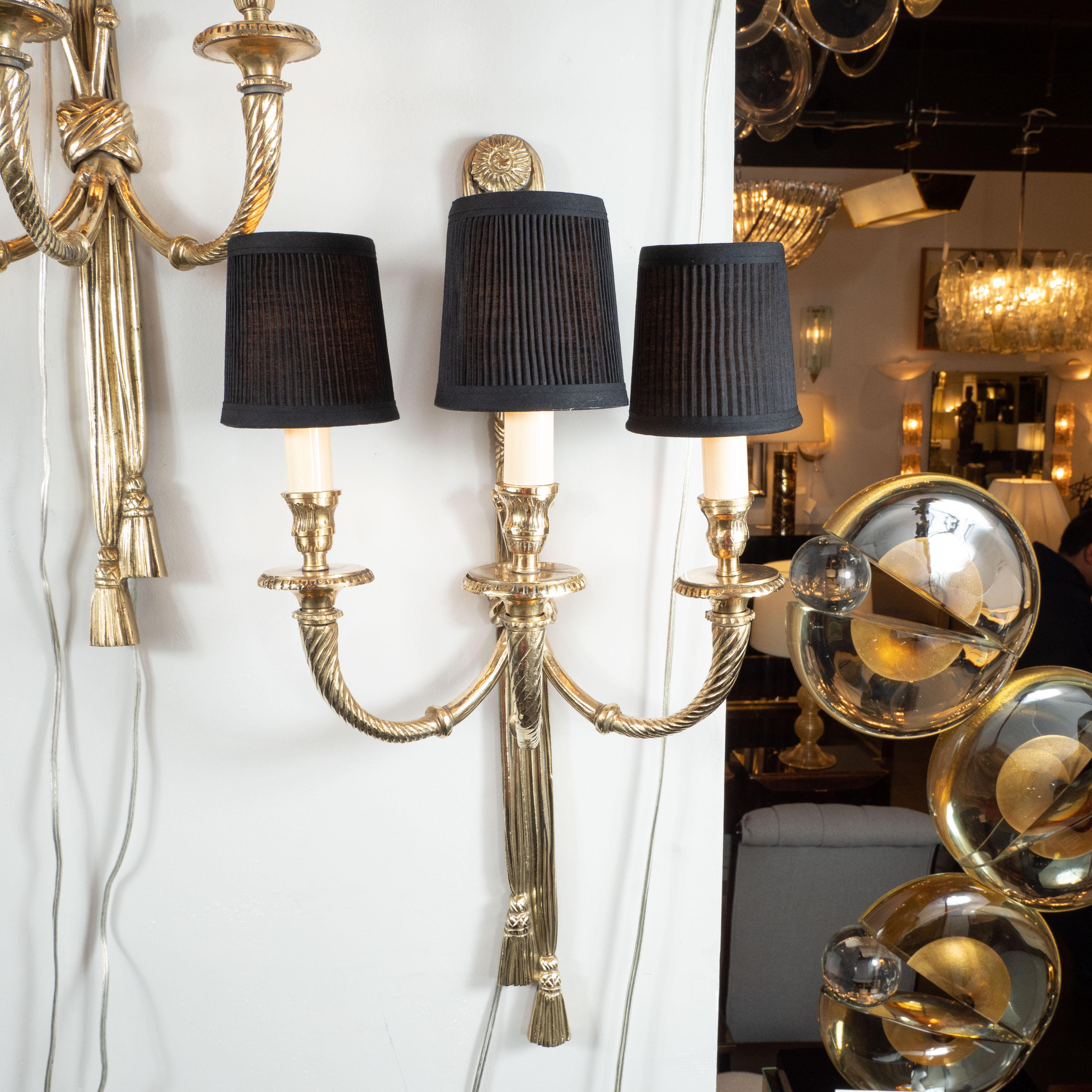 Pair of Mid-Century Modern Silvered Bronze Sconces with Neoclassical Detailing In Excellent Condition For Sale In New York, NY