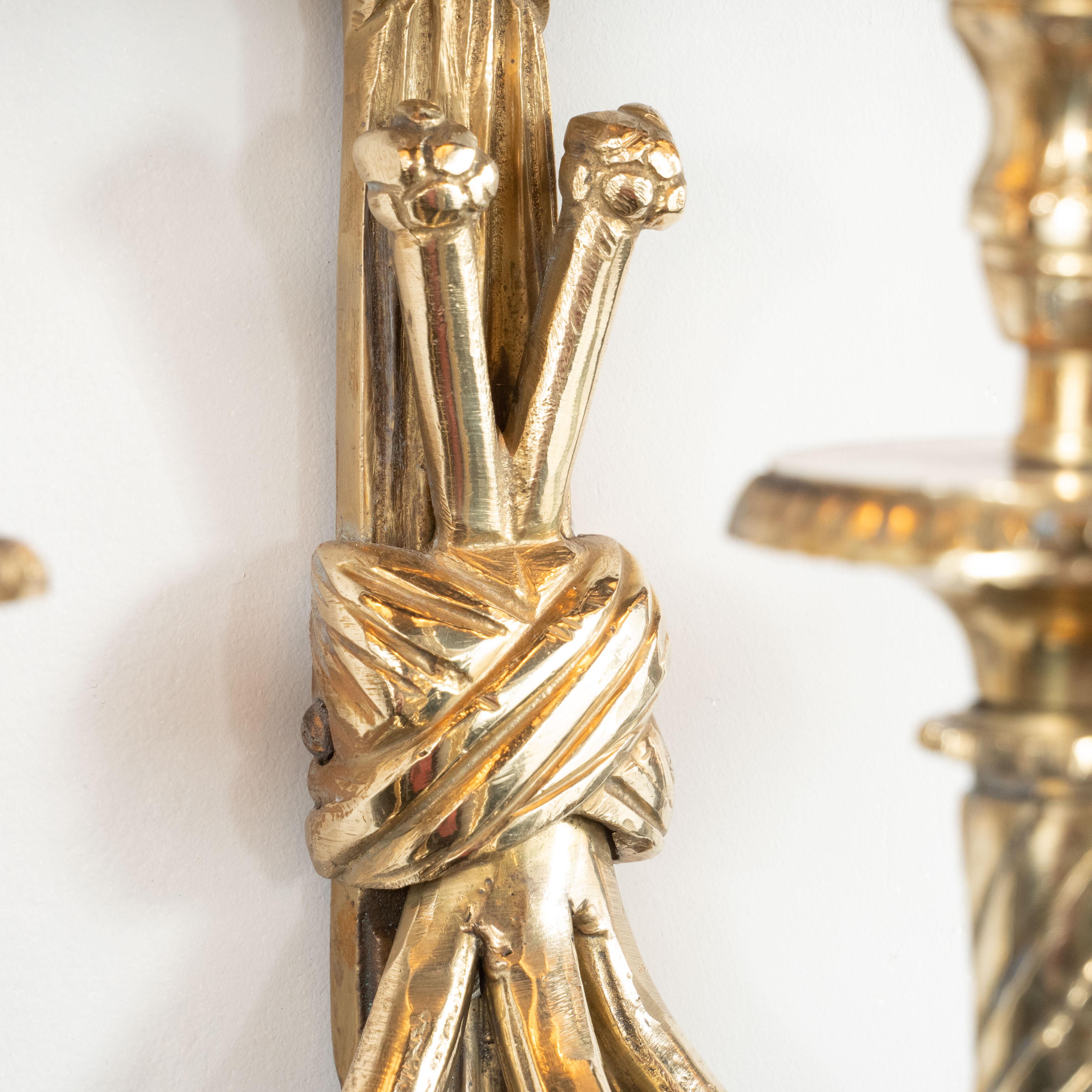 Pair of Mid-Century Modern Silvered Bronze Sconces with Neoclassical Detailing For Sale 2
