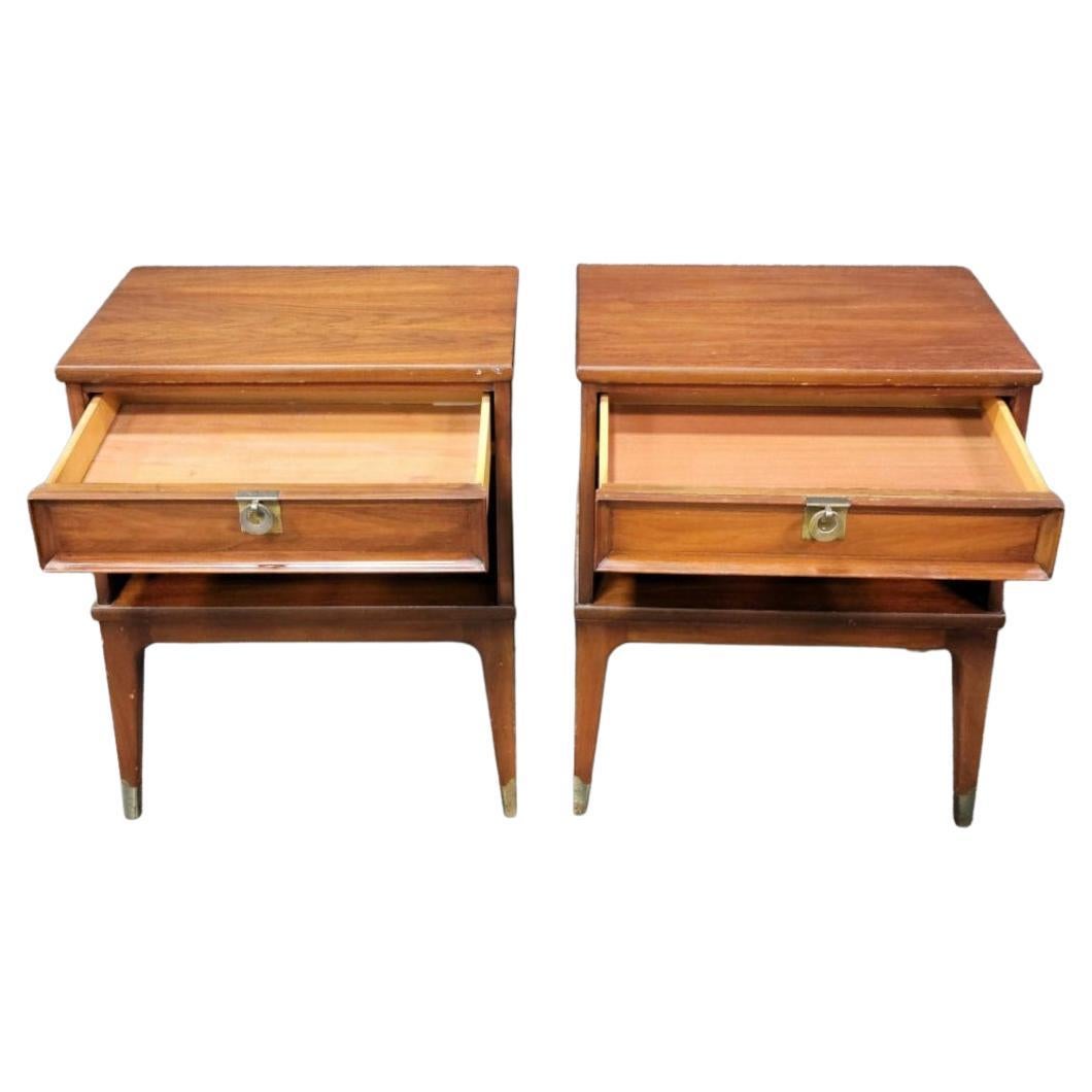 American Pair of Mid-Century Modern Single Drawer Walnut Nightstands Ring Brass Handles For Sale