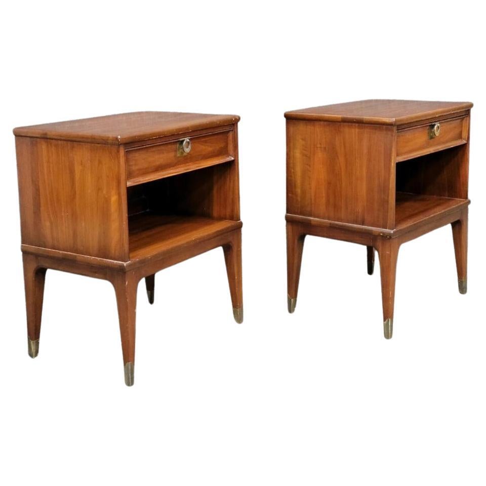 Woodwork Pair of Mid-Century Modern Single Drawer Walnut Nightstands Ring Brass Handles For Sale