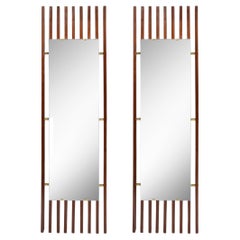 Pair of Mid-Century Modern Slatted Walnut Mirrors Joined W/ Brushed Brass
