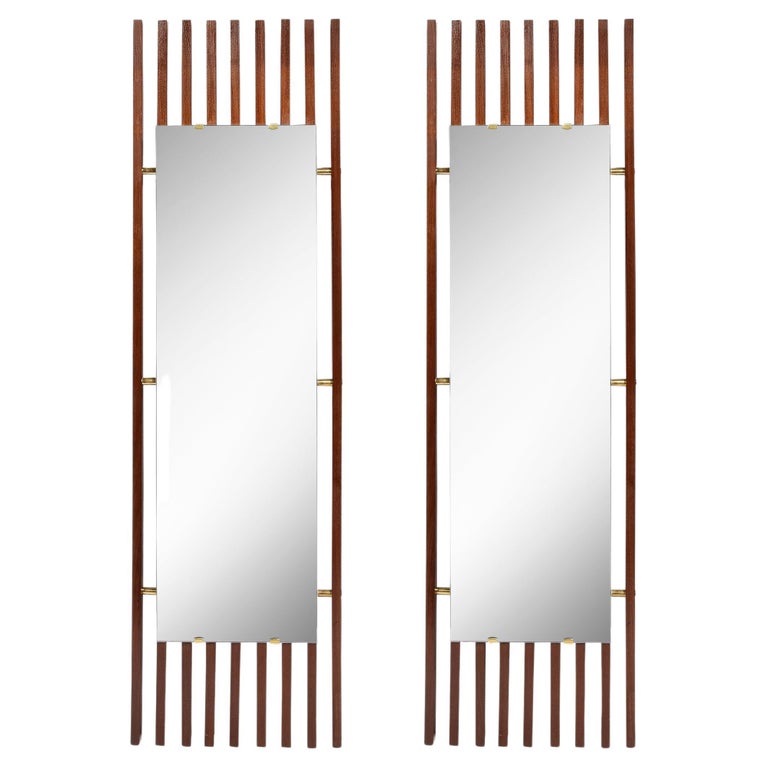 Pair of MidCentury Modern Slatted Walnut Mirrors Joined W/ Brushed