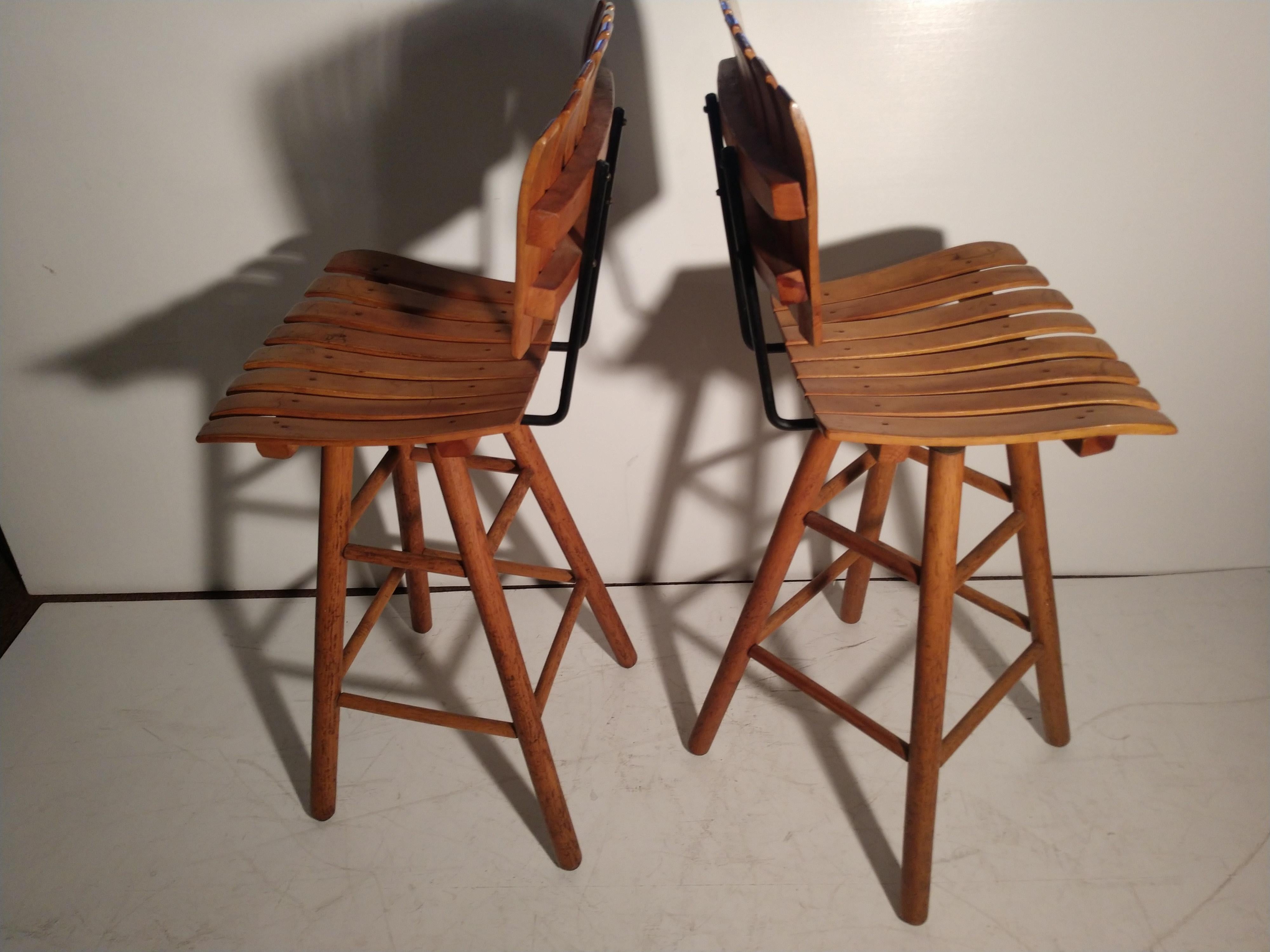 Fabulous pair of Mid-Century Modern bar stools created out of maple seat height is 30in. Heavy duty wood legs, well made. In excellent vintage condition with minimal wear. They swivel.