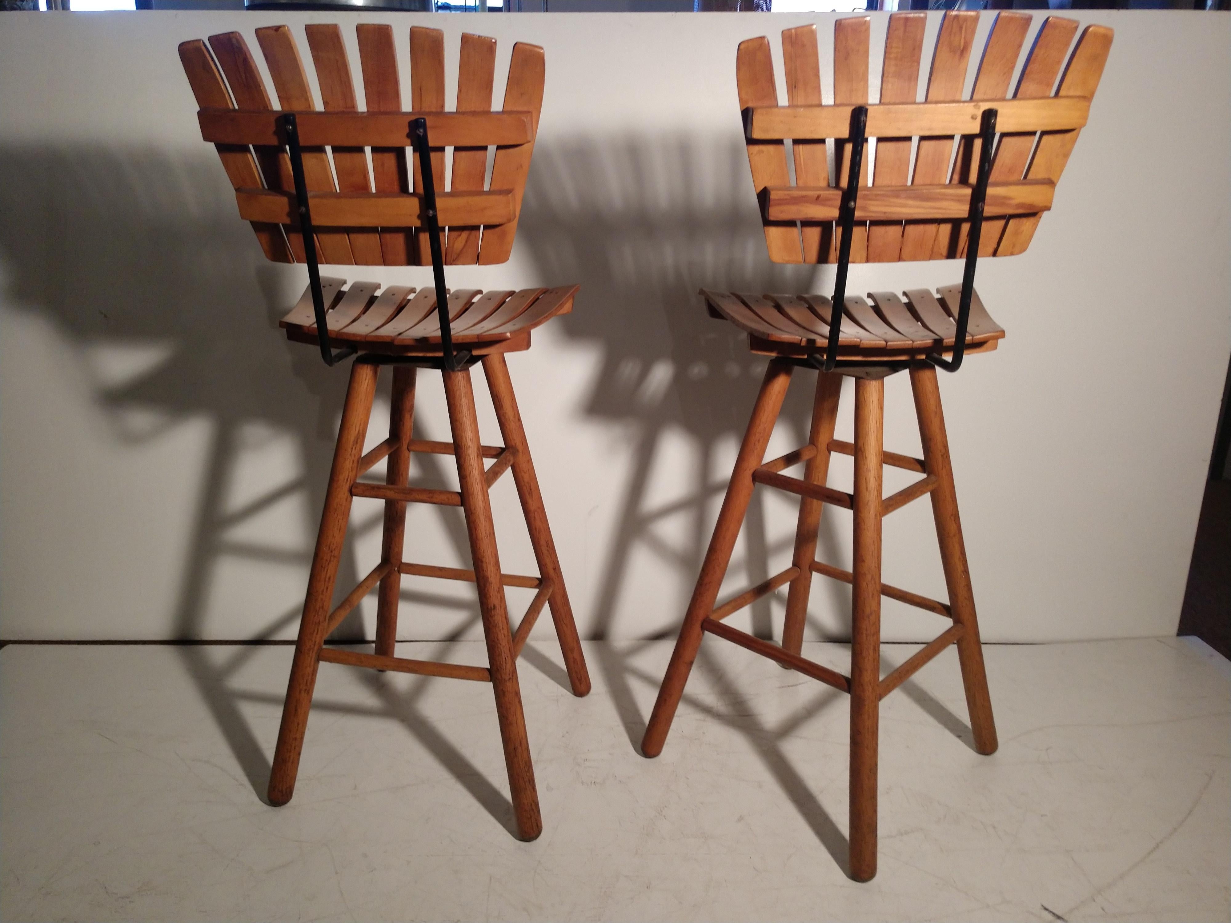 Lacquered 2 Pairs of Mid-Century Modern Slatted Wood Bar or Counter Stools Arthur Umanoff