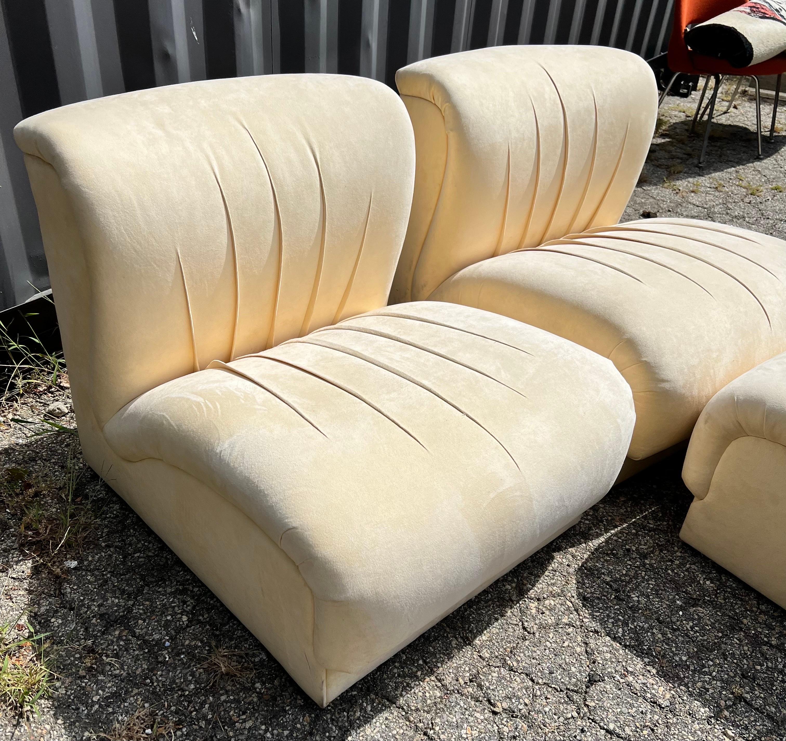 Late 20th Century Pair of Mid-Century Modern Slipper Chairs and Matching Single Ottoman