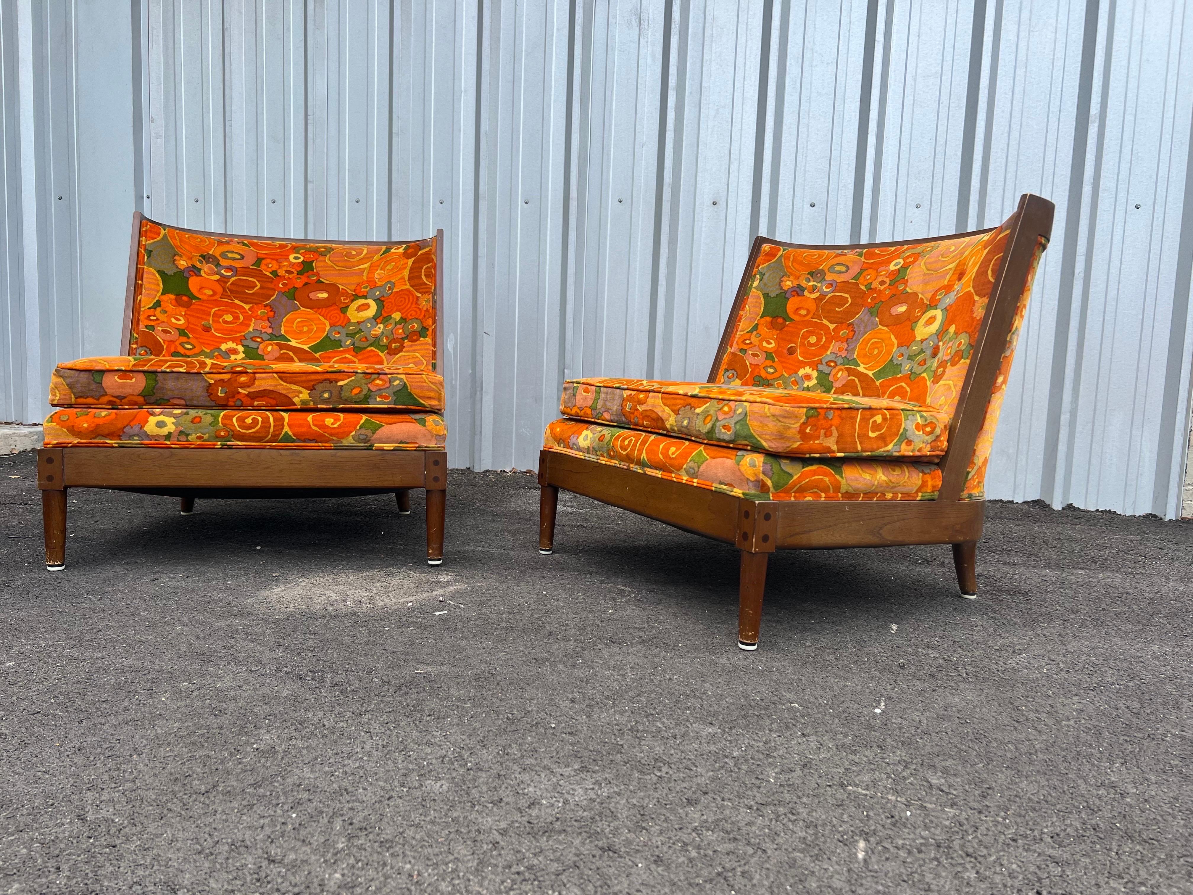 American Pair of Mid-Century Modern Slipper Chairs with Jack Lenor Larsen Fabric