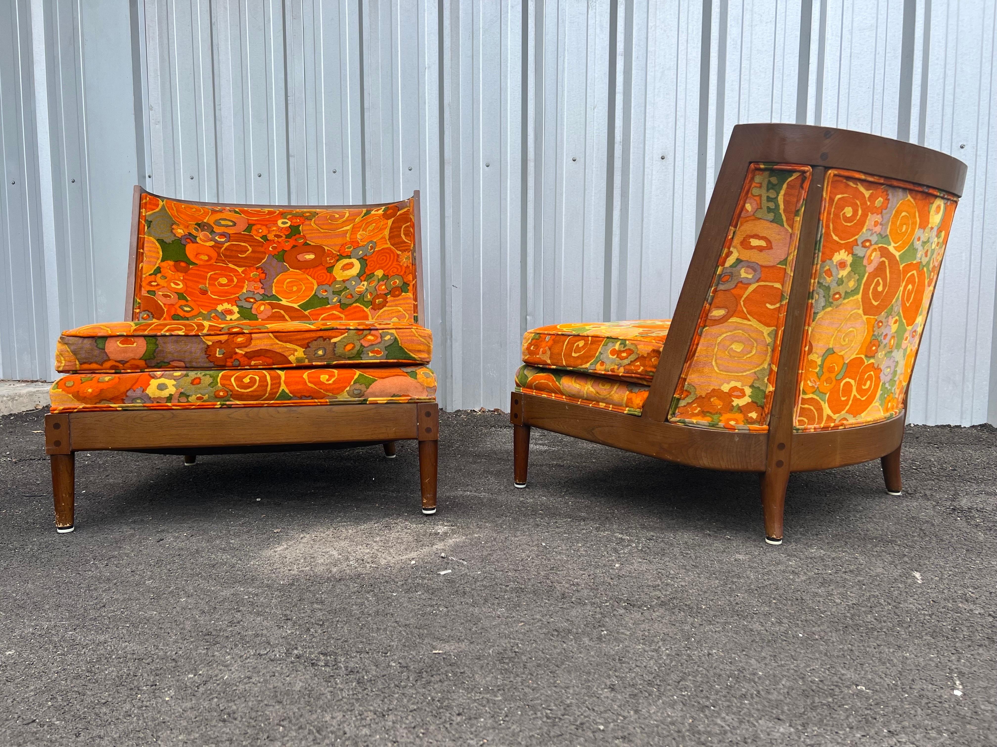 Pair of Mid-Century Modern Slipper Chairs with Jack Lenor Larsen Fabric 3
