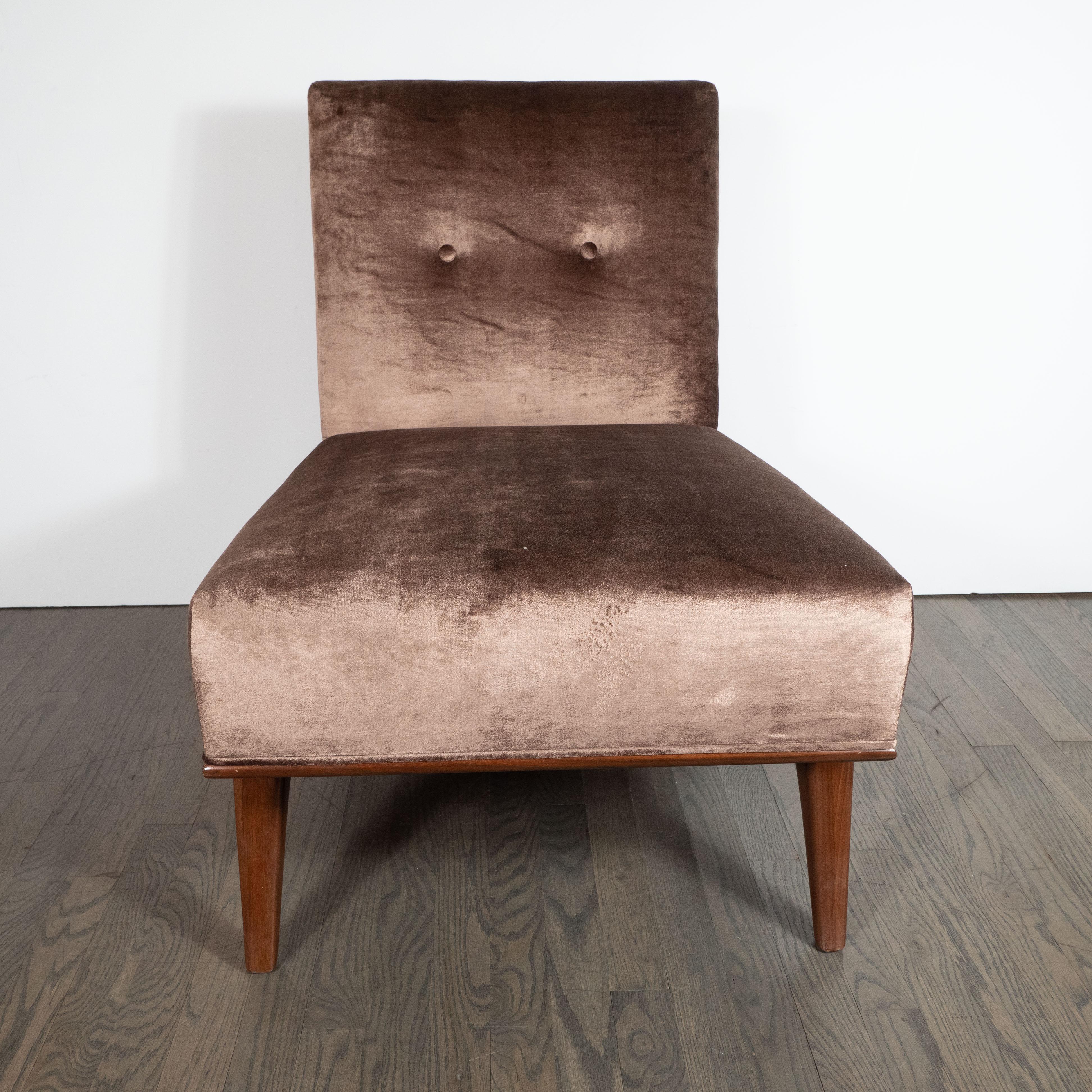 American Pair of Mid-Century Modern Slipper Chairs in Hand-Rubbed Walnut & Bronze Velvet