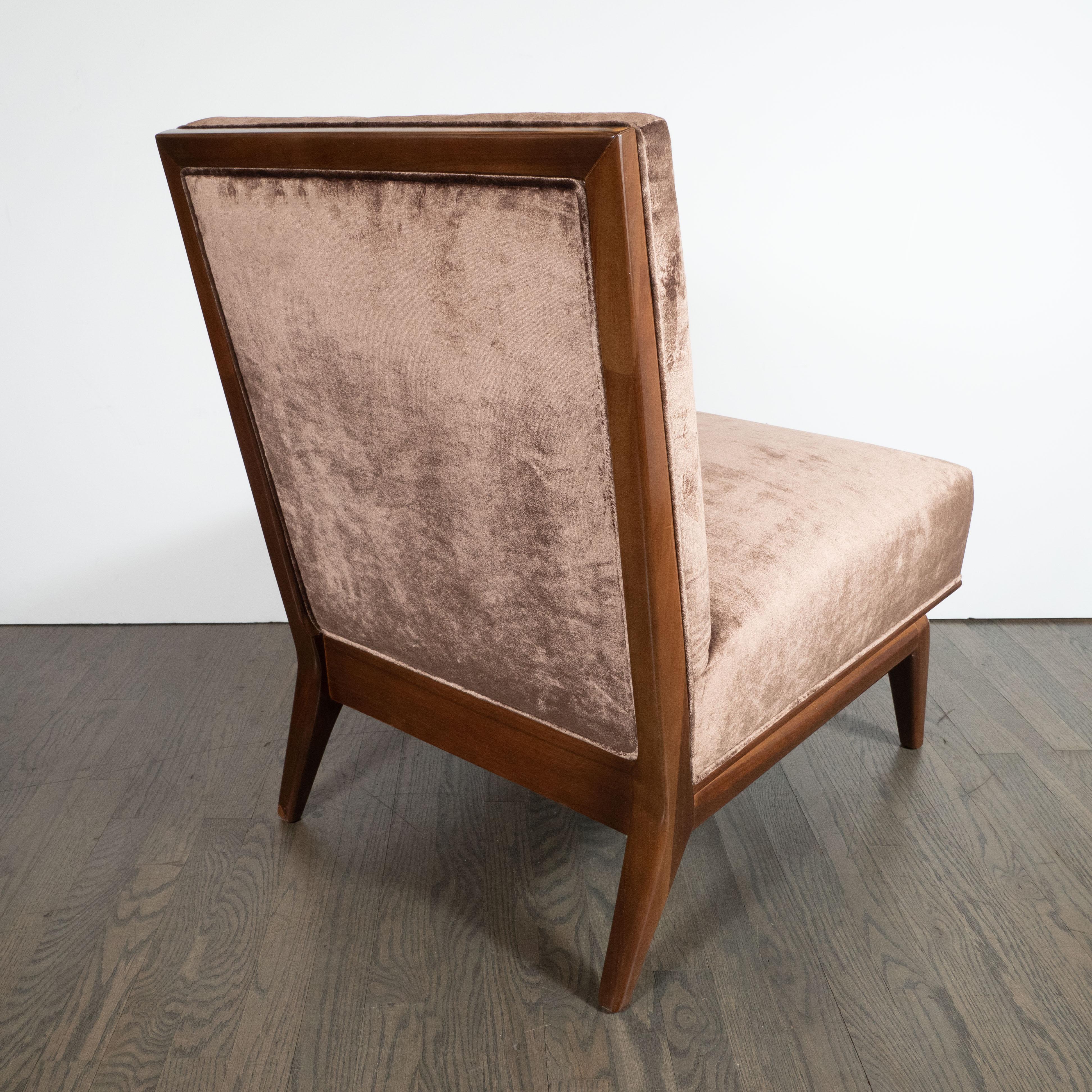 Pair of Mid-Century Modern Slipper Chairs in Hand-Rubbed Walnut & Bronze Velvet 1