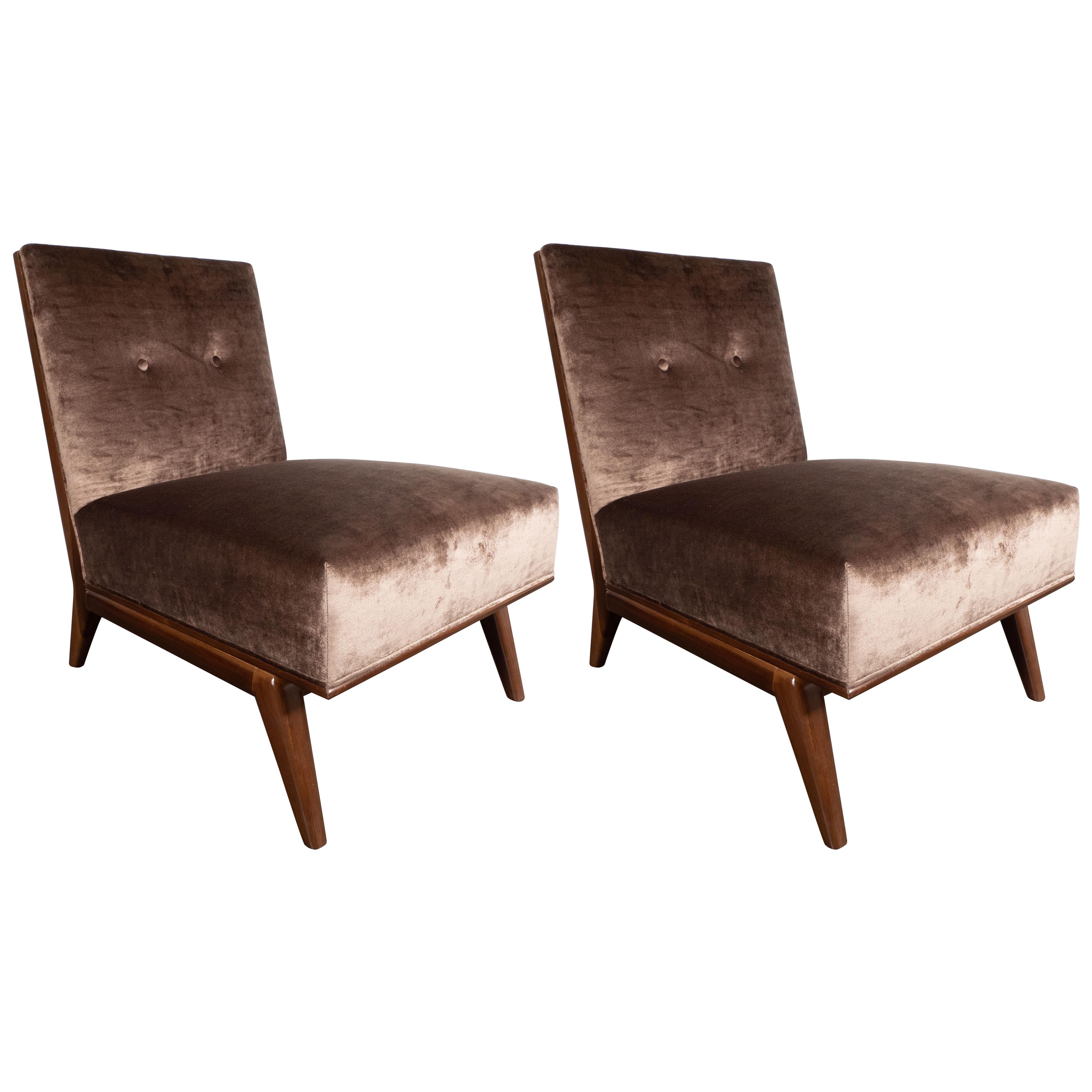 Pair of Mid-Century Modern Slipper Chairs in Hand-Rubbed Walnut & Bronze Velvet