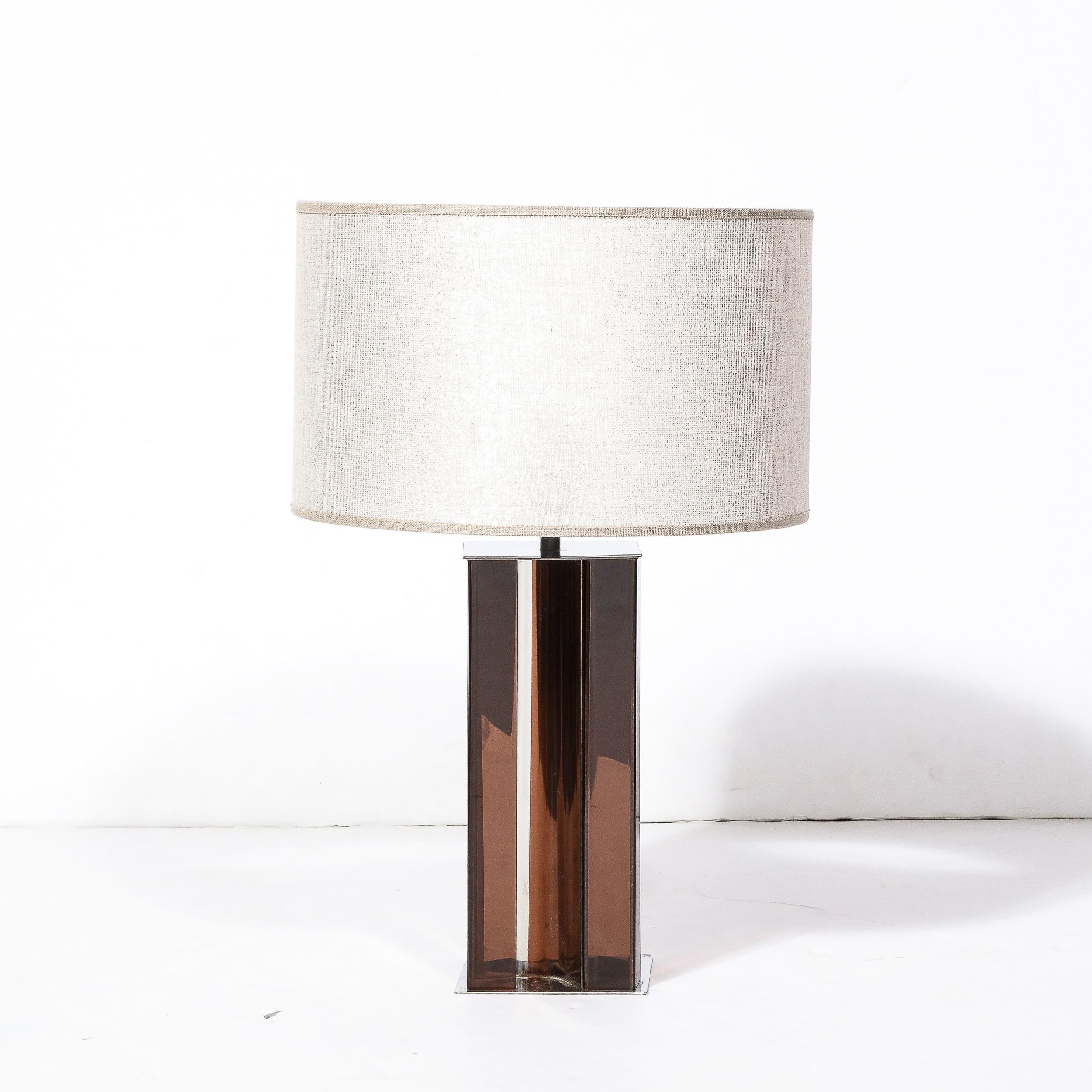 French Pair of Mid-Century Modern Smoked Amethyst Lucite & Polished Chrome Table Lamps For Sale