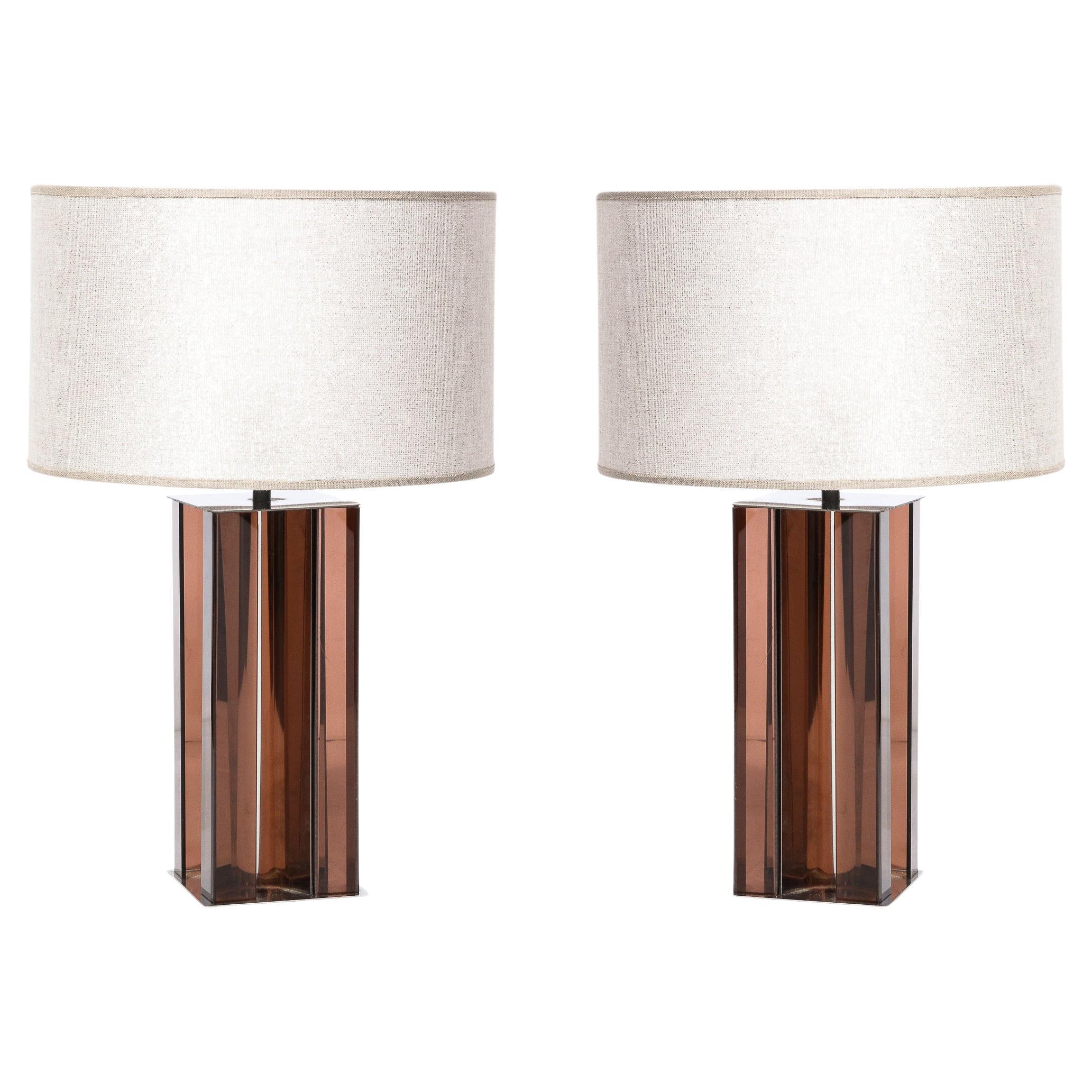 Pair of Mid-Century Modern Smoked Amethyst Lucite & Polished Chrome Table Lamps For Sale
