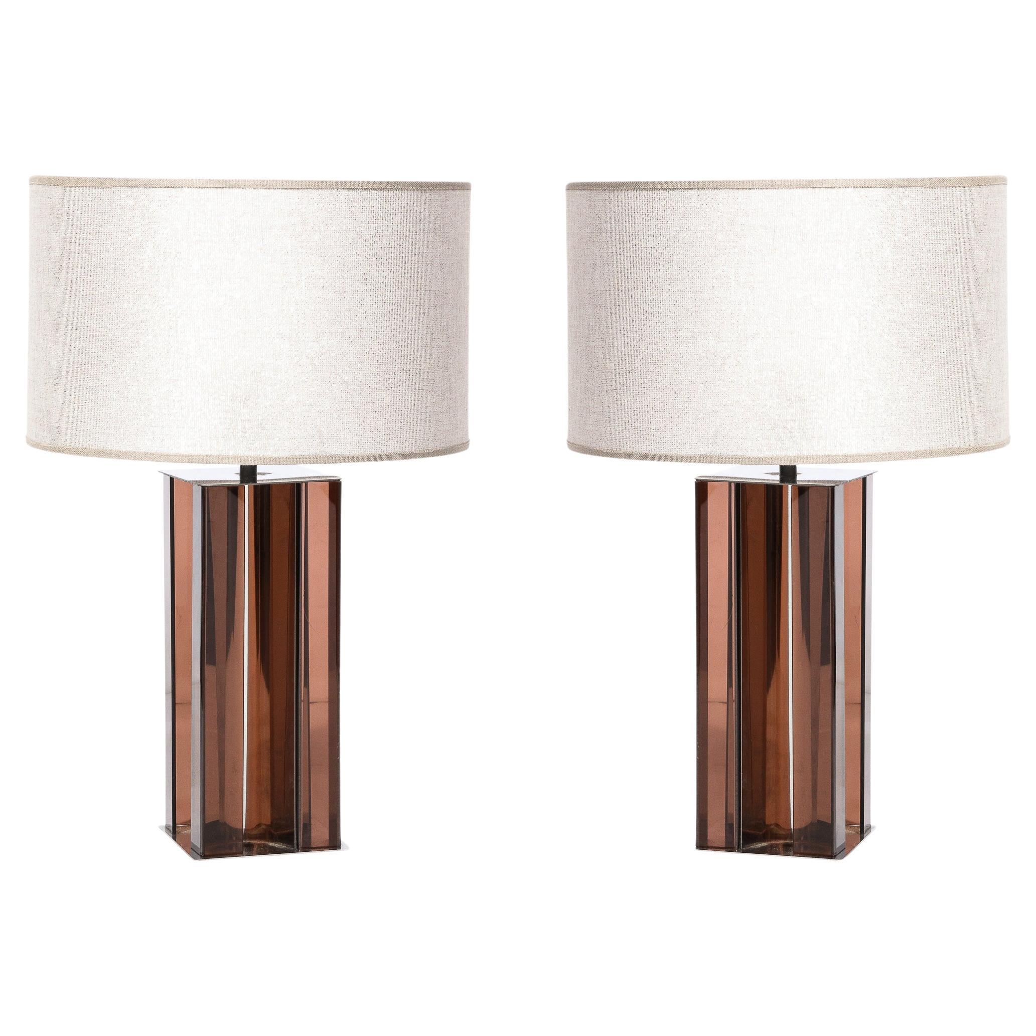 Pair of Mid-Century Modern Smoked Amethyst Lucite & Polished Chrome Table Lamps