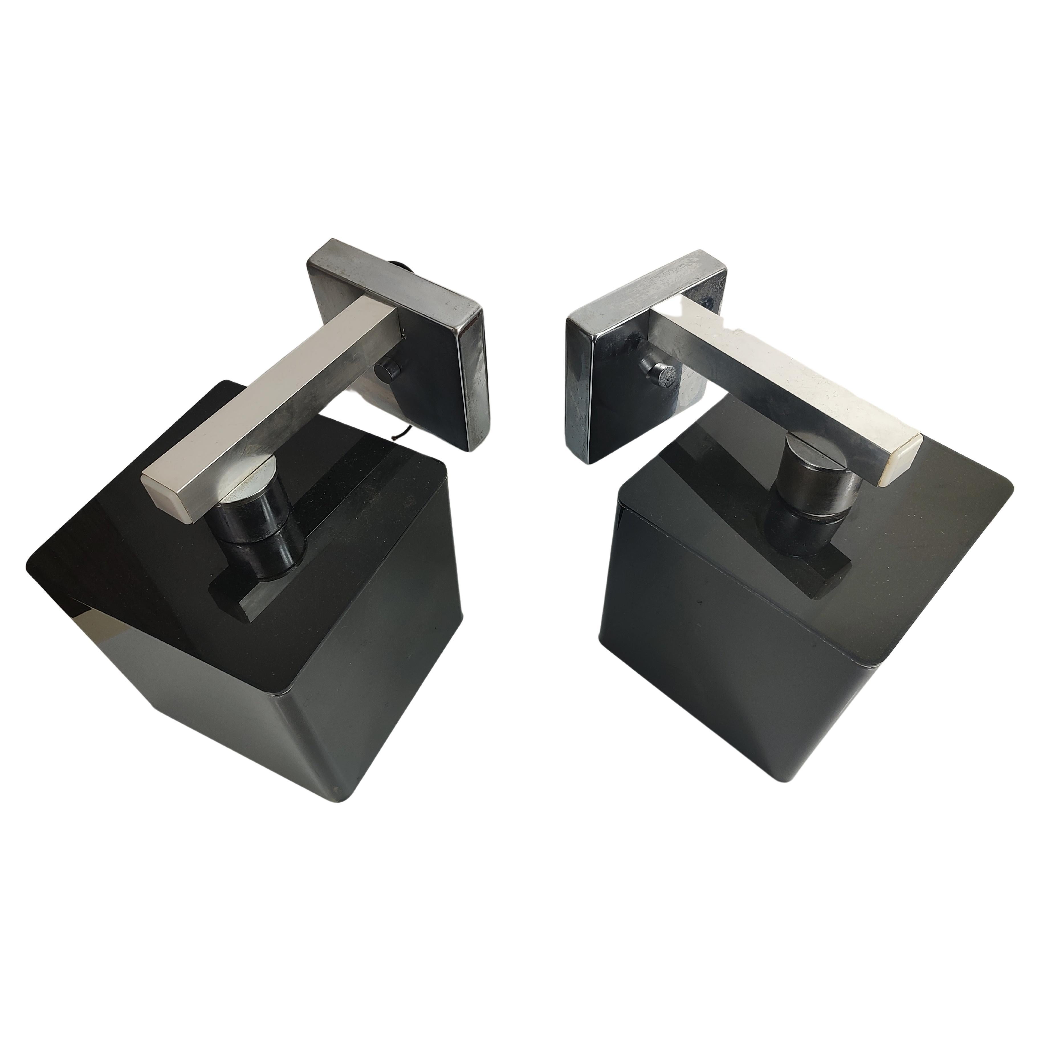 American Pair of Mid Century Modern Chrone with Smoked Lucite Plexi Wall Sconces C1970 For Sale