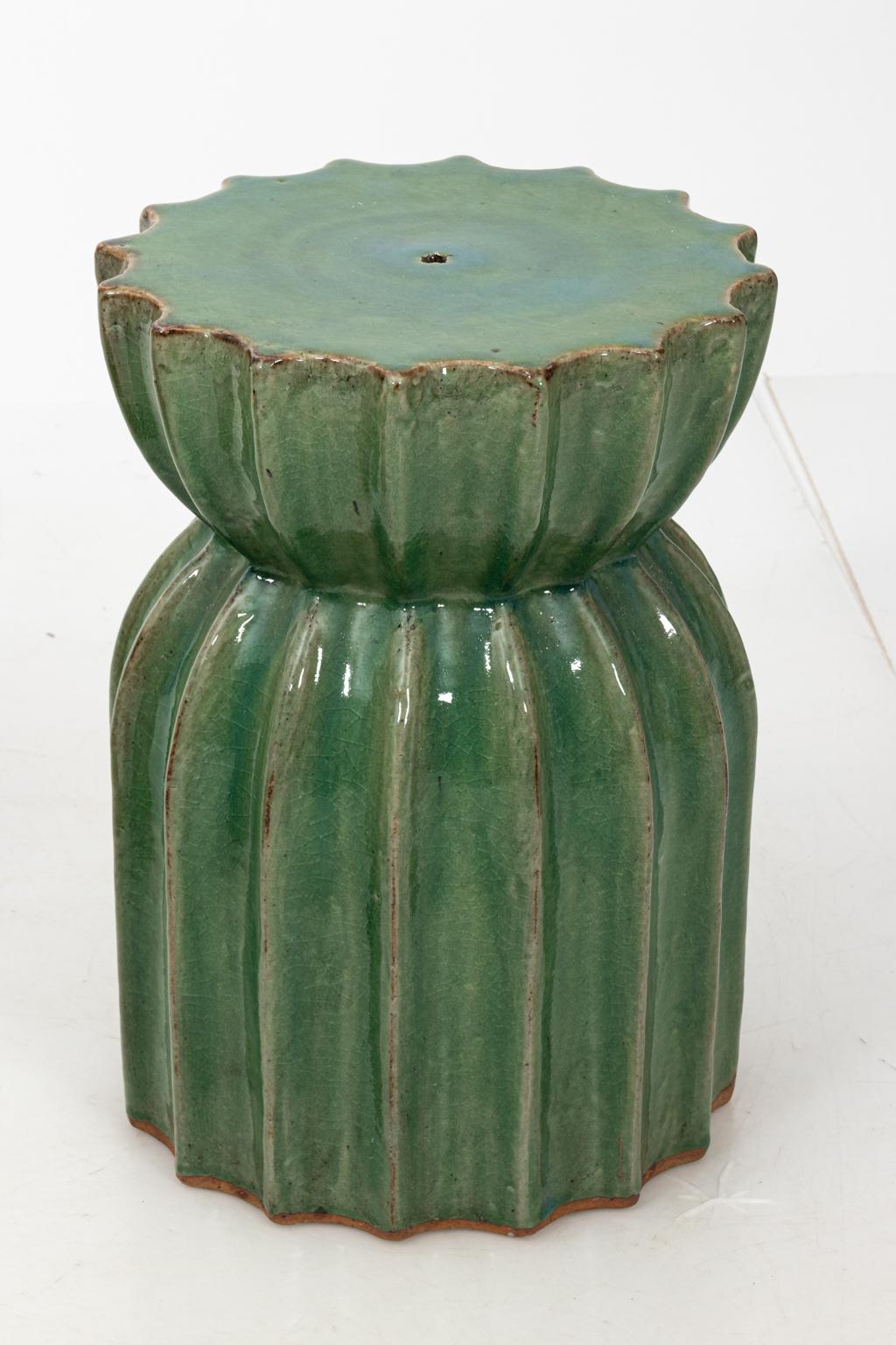 Pair of Mid-Century Modern Soft Green Fluted Terracotta Garden Stools In Good Condition In Stamford, CT