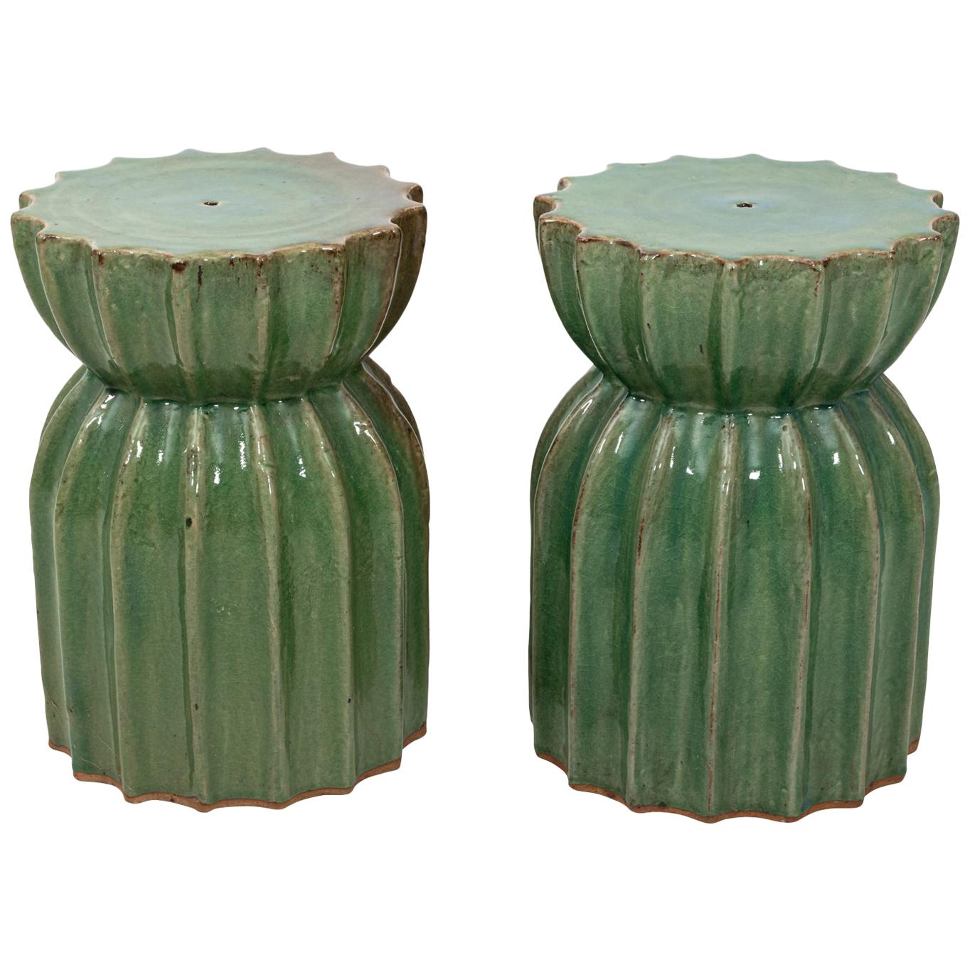Pair of Mid-Century Modern Soft Green Fluted Terracotta Garden Stools