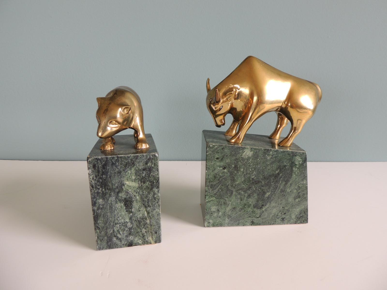 Taiwanese Pair of Mid-Century Modern Solid Brass and Marble Bull and Bear Bookends