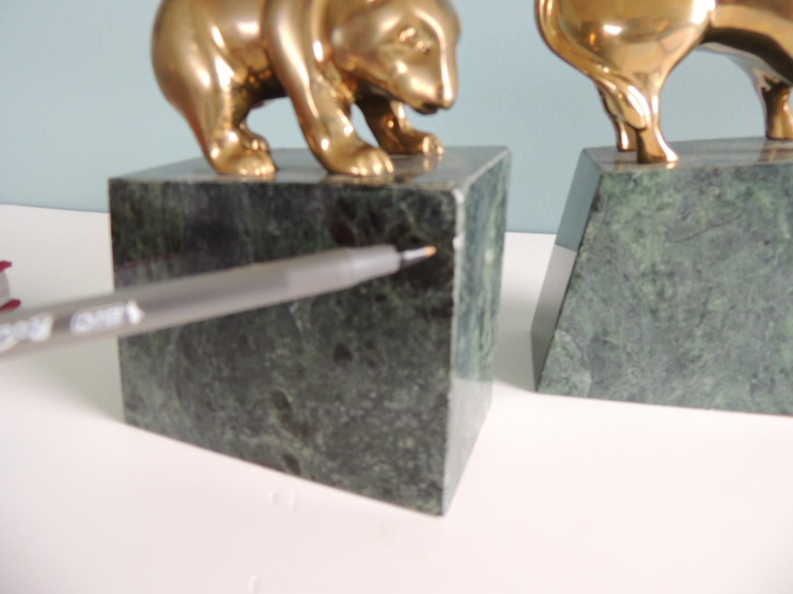 Pair of Mid-Century Modern Solid Brass and Marble Bull and Bear Bookends 1