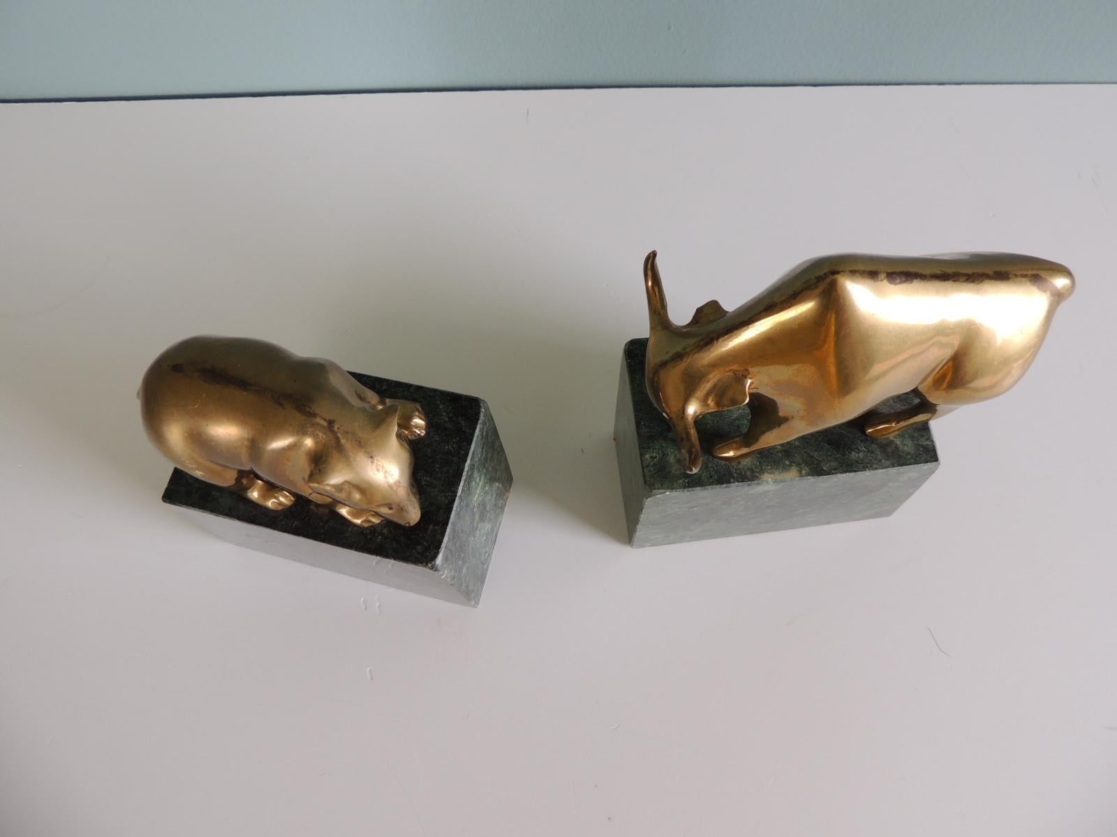 Pair of Mid-Century Modern Solid Brass and Marble Bull and Bear Bookends 3