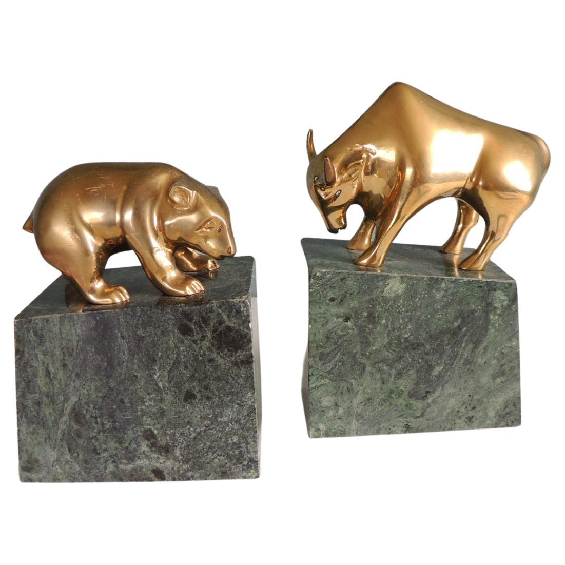 Pair of Mid-Century Modern Solid Brass and Marble Bull and Bear Bookends