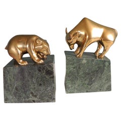 Pair of Mid-Century Modern Solid Brass and Marble Bull and Bear Bookends