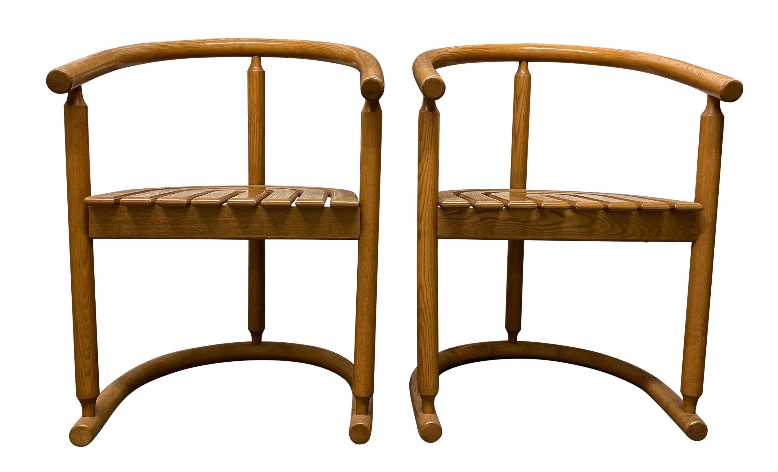 German Pair of Mid-Century Modern Solid Oak Horseshoe Arm Chairs