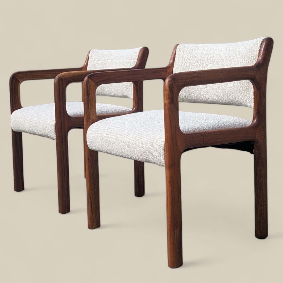 Pair of Mid Century Modern Solid Teak Armchairs with Boucle Upholstery 3