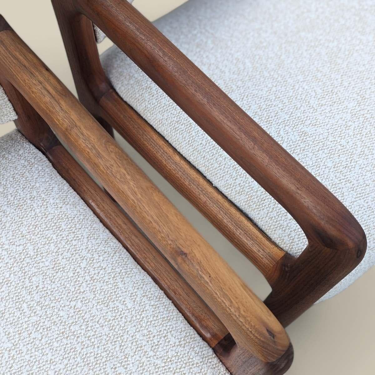 Pair of Mid Century Modern Solid Teak Armchairs with Boucle Upholstery 8