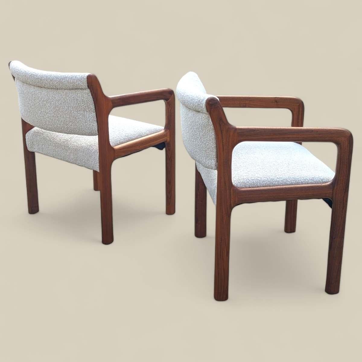 Pair of Mid Century Modern Solid Teak Armchairs with Boucle Upholstery 10
