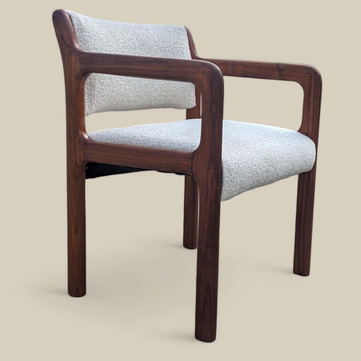 Pair of Mid Century Modern Solid Teak Armchairs with Boucle Upholstery In Good Condition In Rancho Cucamonga, CA