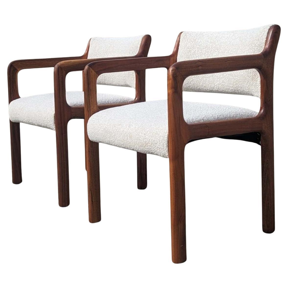 Pair of Mid Century Modern Solid Teak Armchairs with Boucle Upholstery For Sale