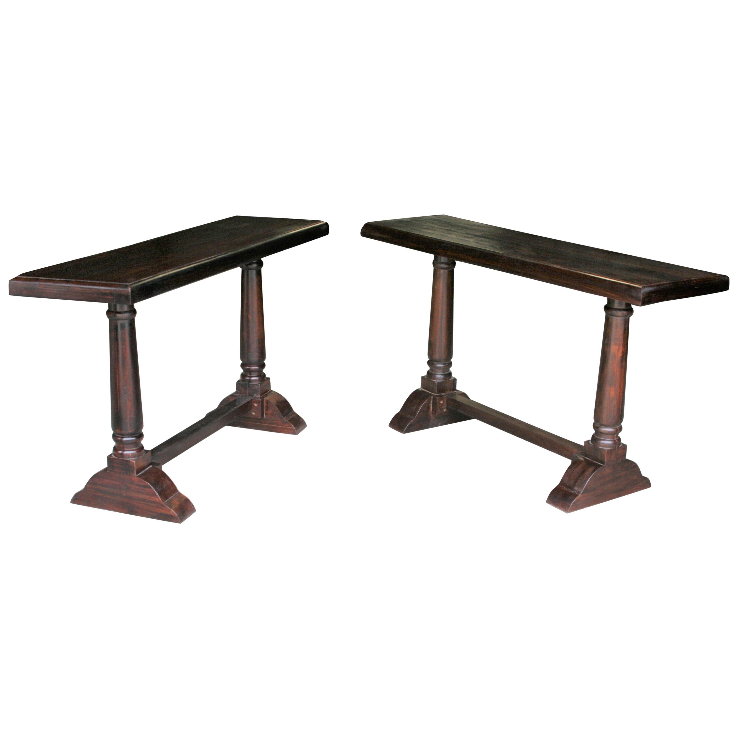 Pair of Mid-Century Modern Solid Teak Wood Console Tables from a Church For Sale