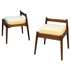 Pair of Mid-Century Modern Solid Wood Stools, Newly Upholstered in White Bouclé